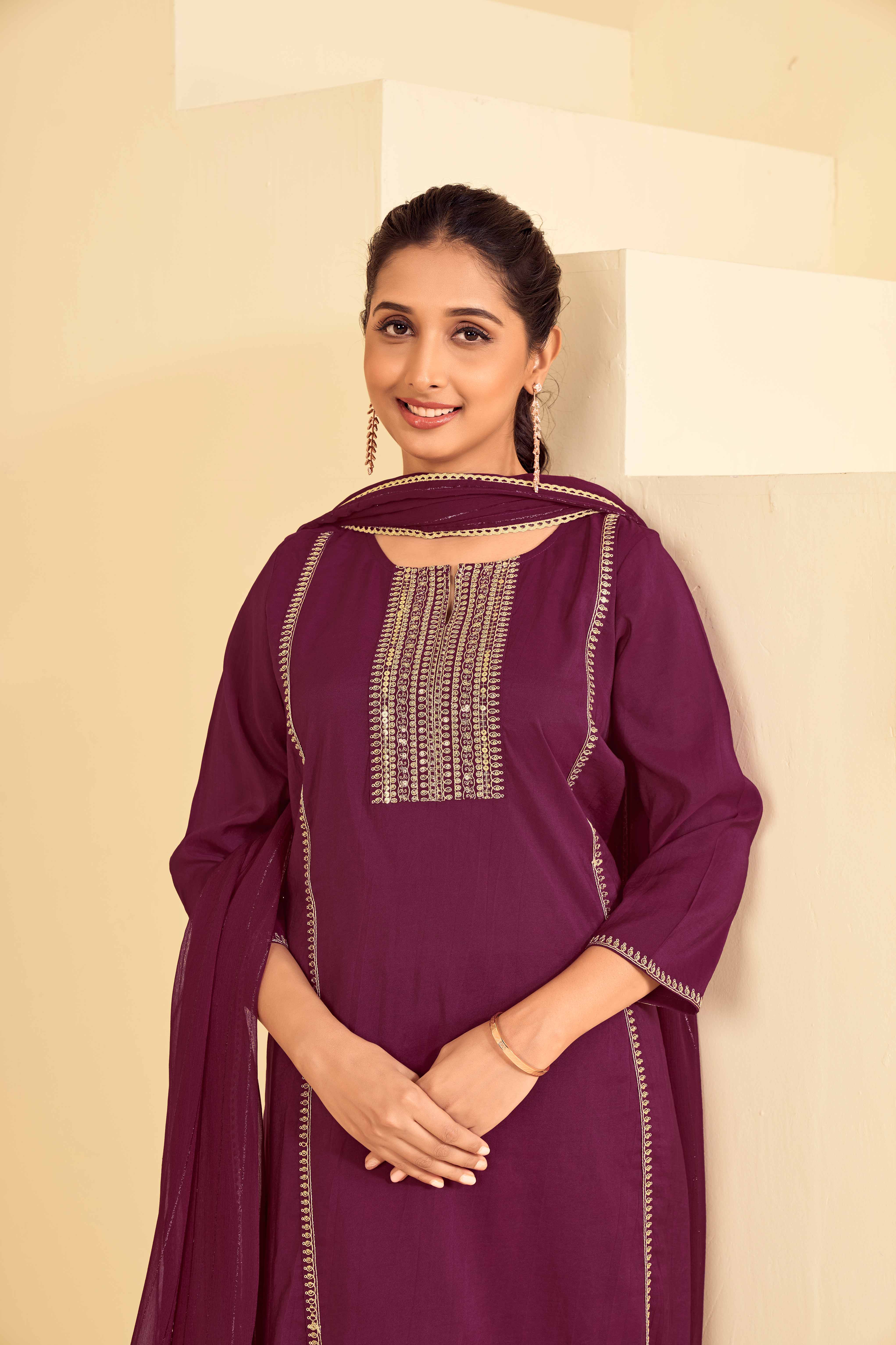 Laxmipati Tara Sequin Work Straight Kurta Set with Trousers & Dupatta in Wine Color