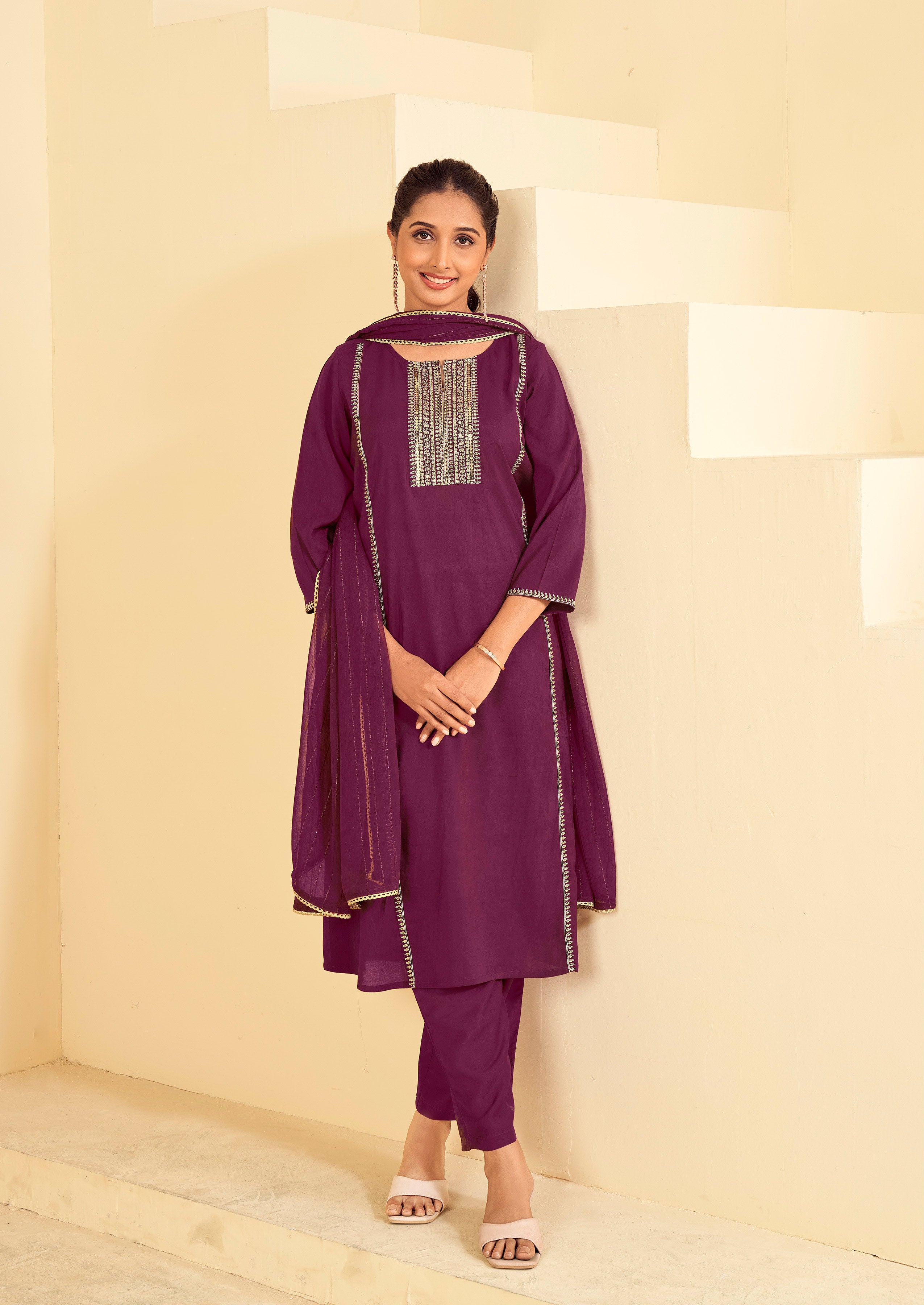 Laxmipati Tara Sequin Work Straight Kurta Set with Trousers & Dupatta in Wine Color