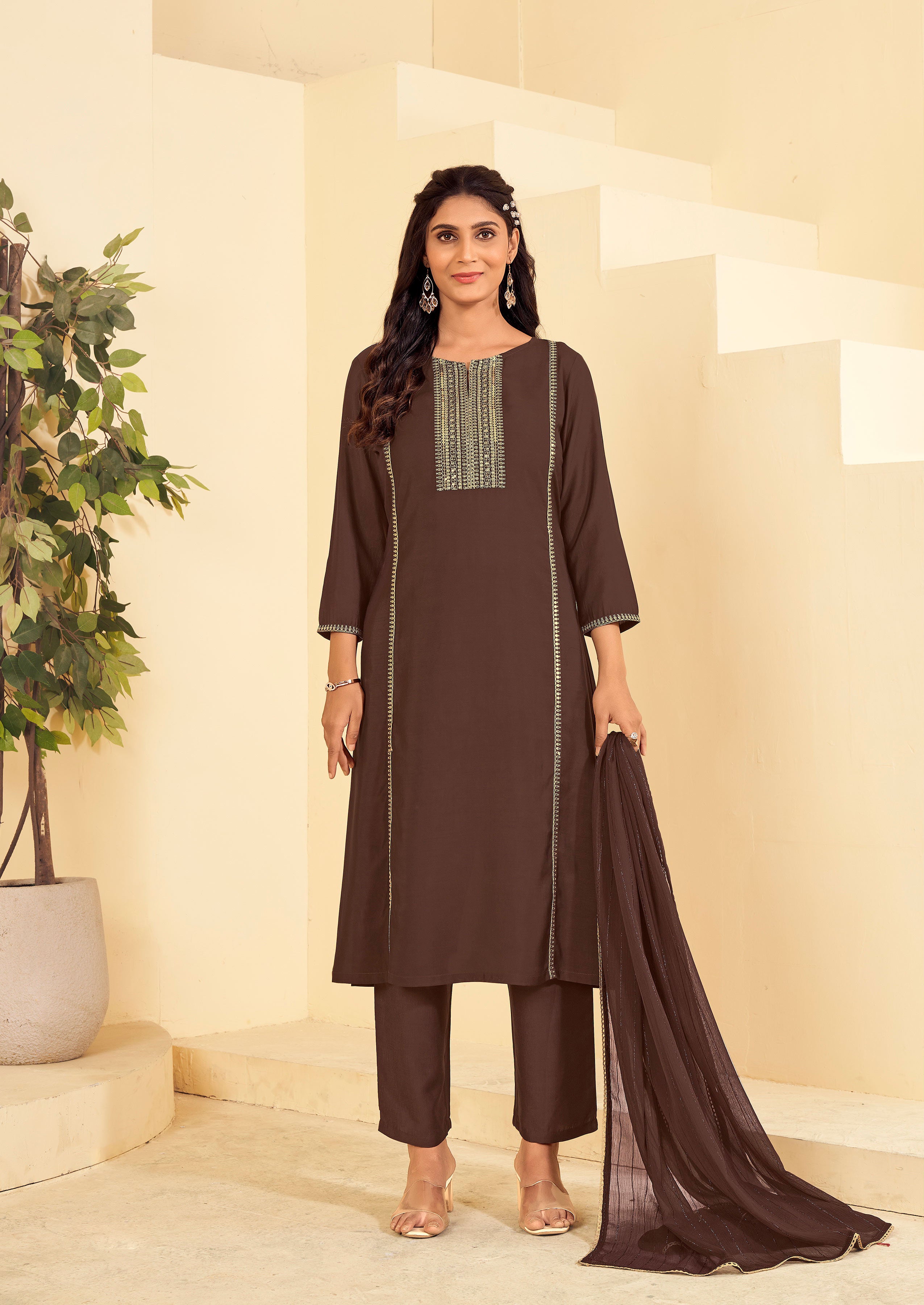 Laxmipati Tara Sequin Work Straight Kurta Set with Trousers & Dupatta in Brown Color