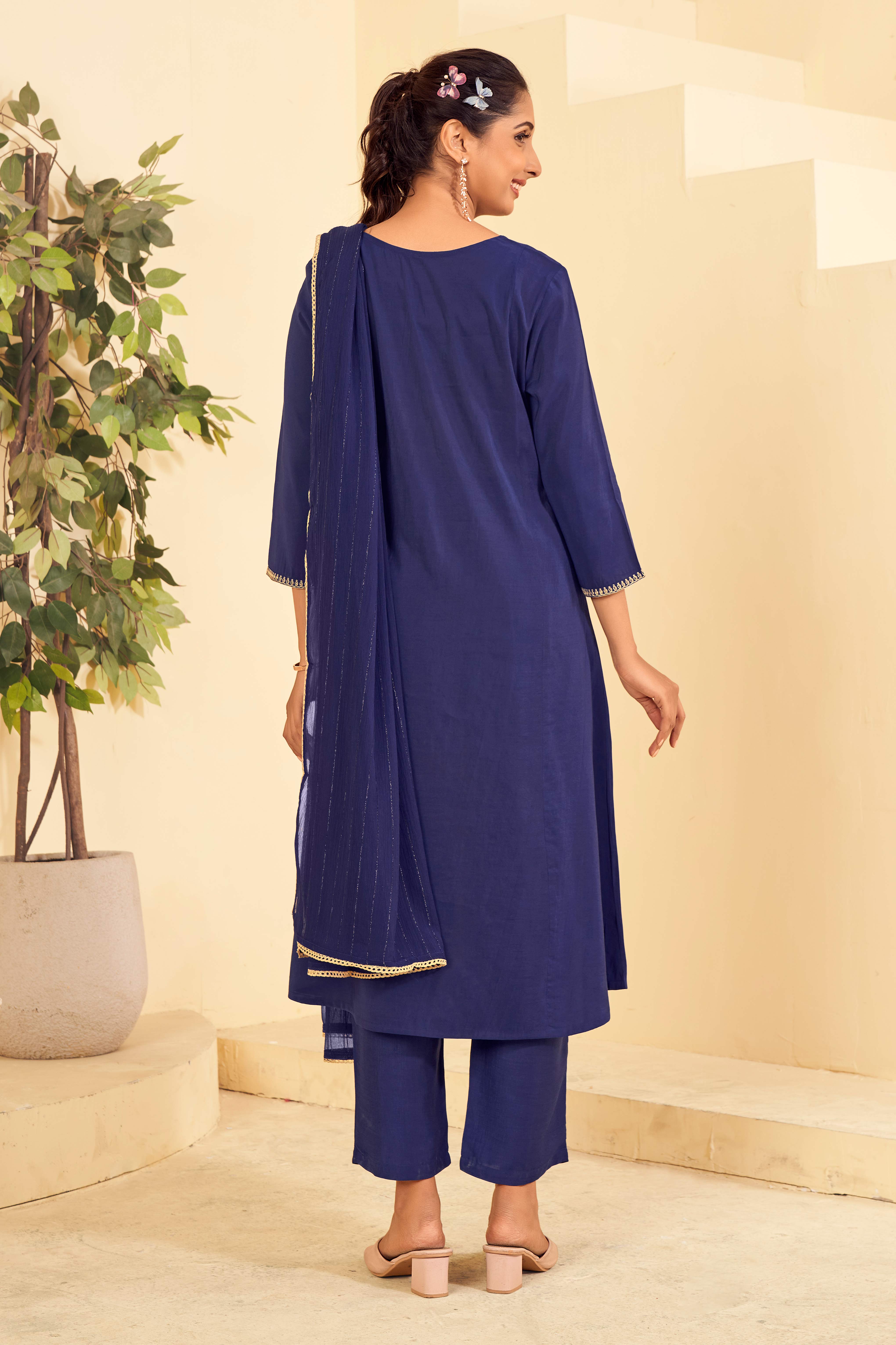 Laxmipati Tara Sequin Work Straight Kurta Set with Trousers & Dupatta in Blue Color