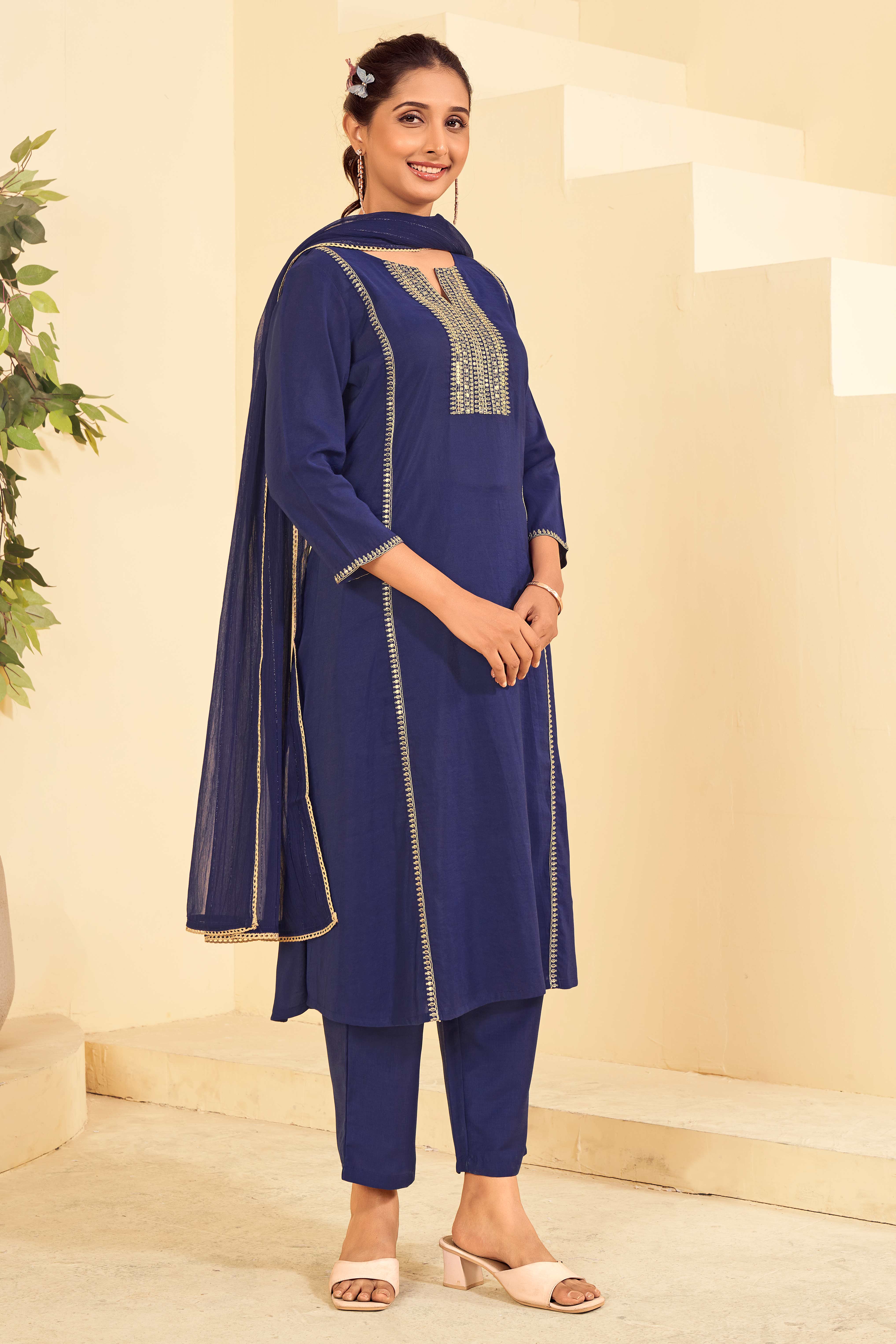 Laxmipati Tara Sequin Work Straight Kurta Set with Trousers & Dupatta in Blue Color