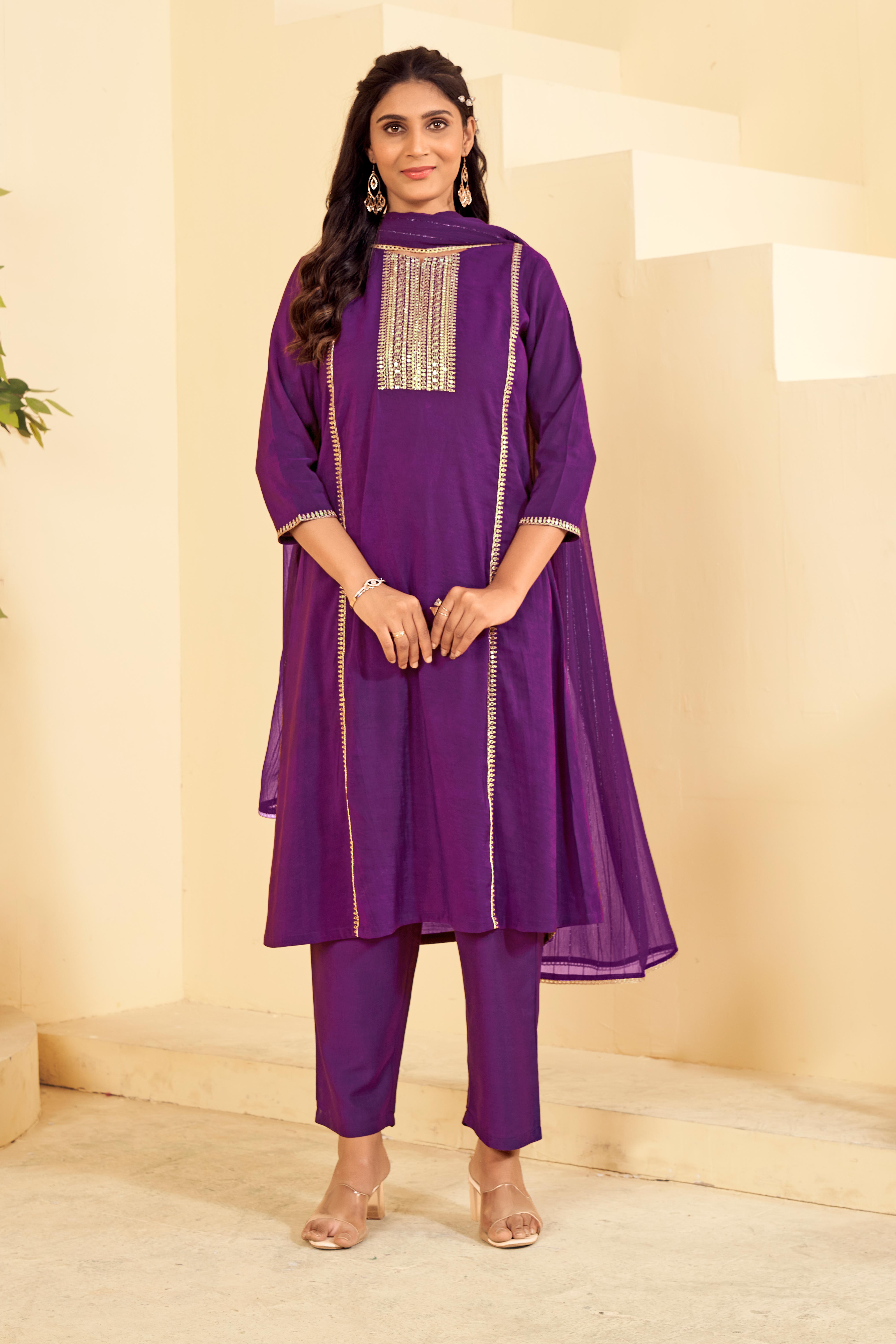 Laxmipati Tara Sequin Work Straight Kurta Set with Trousers & Dupatta in Violet Color