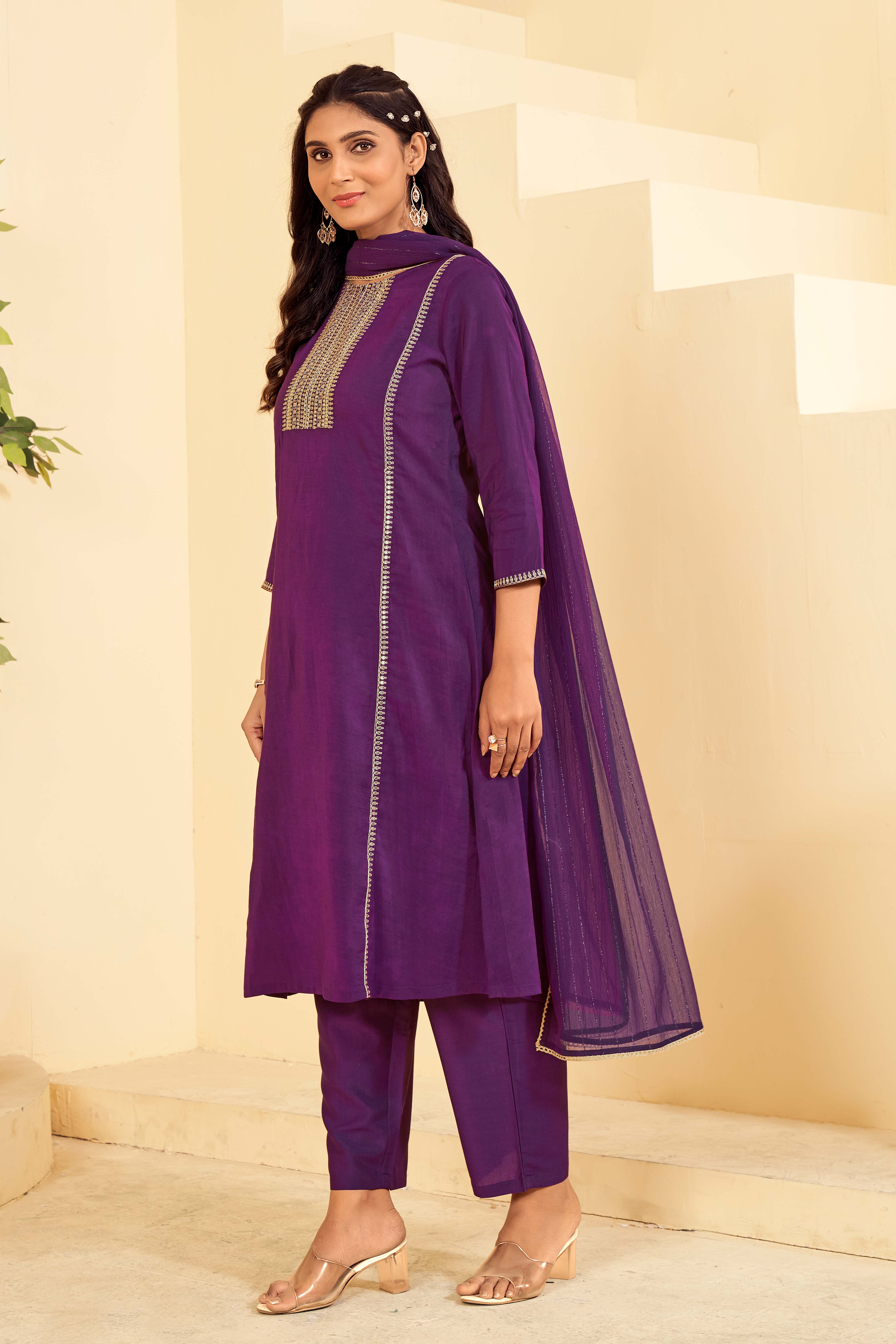 Laxmipati Tara Sequin Work Straight Kurta Set with Trousers & Dupatta in Violet Color