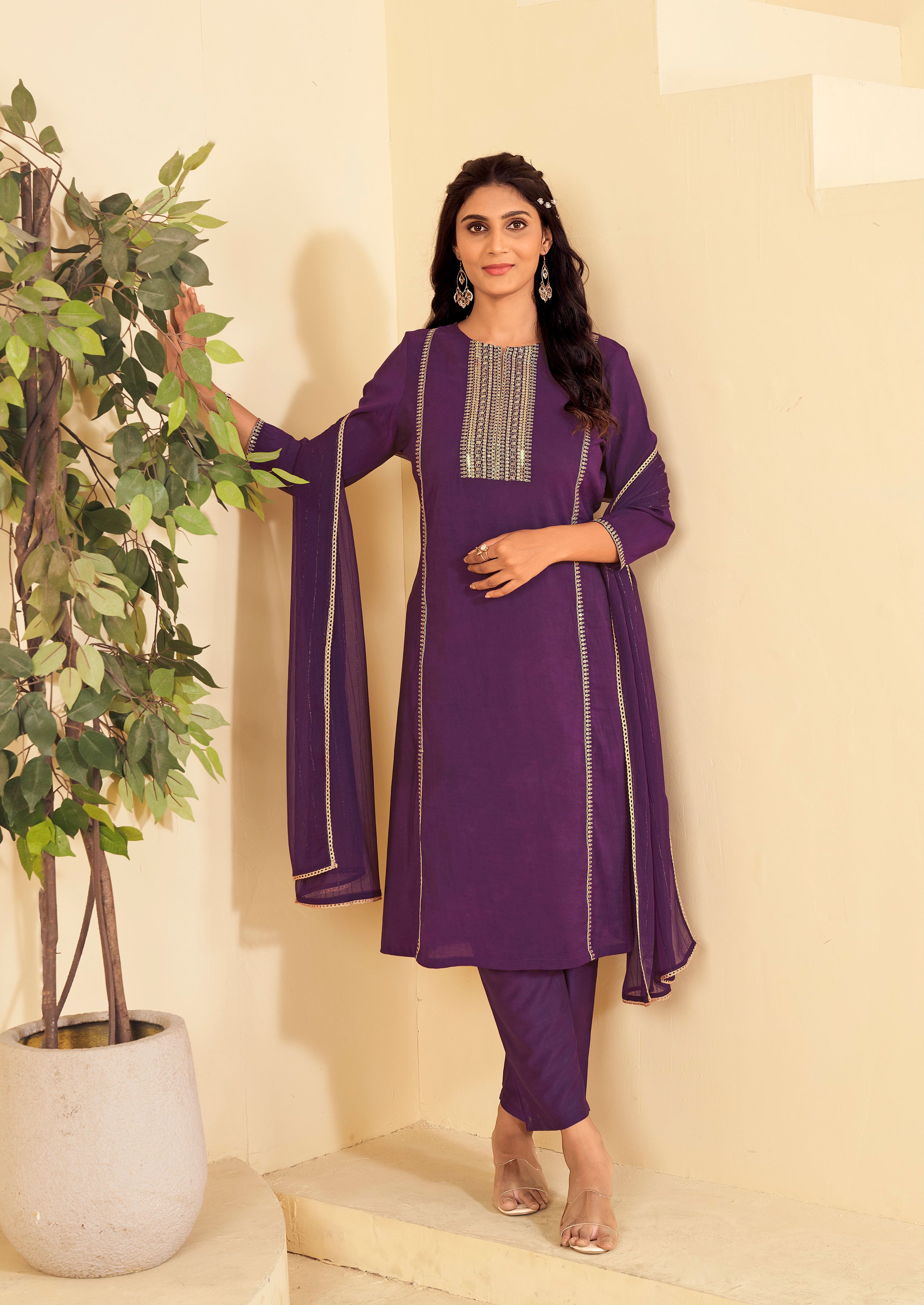 Laxmipati Tara Sequin Work Straight Kurta Set with Trousers & Dupatta in Violet Color