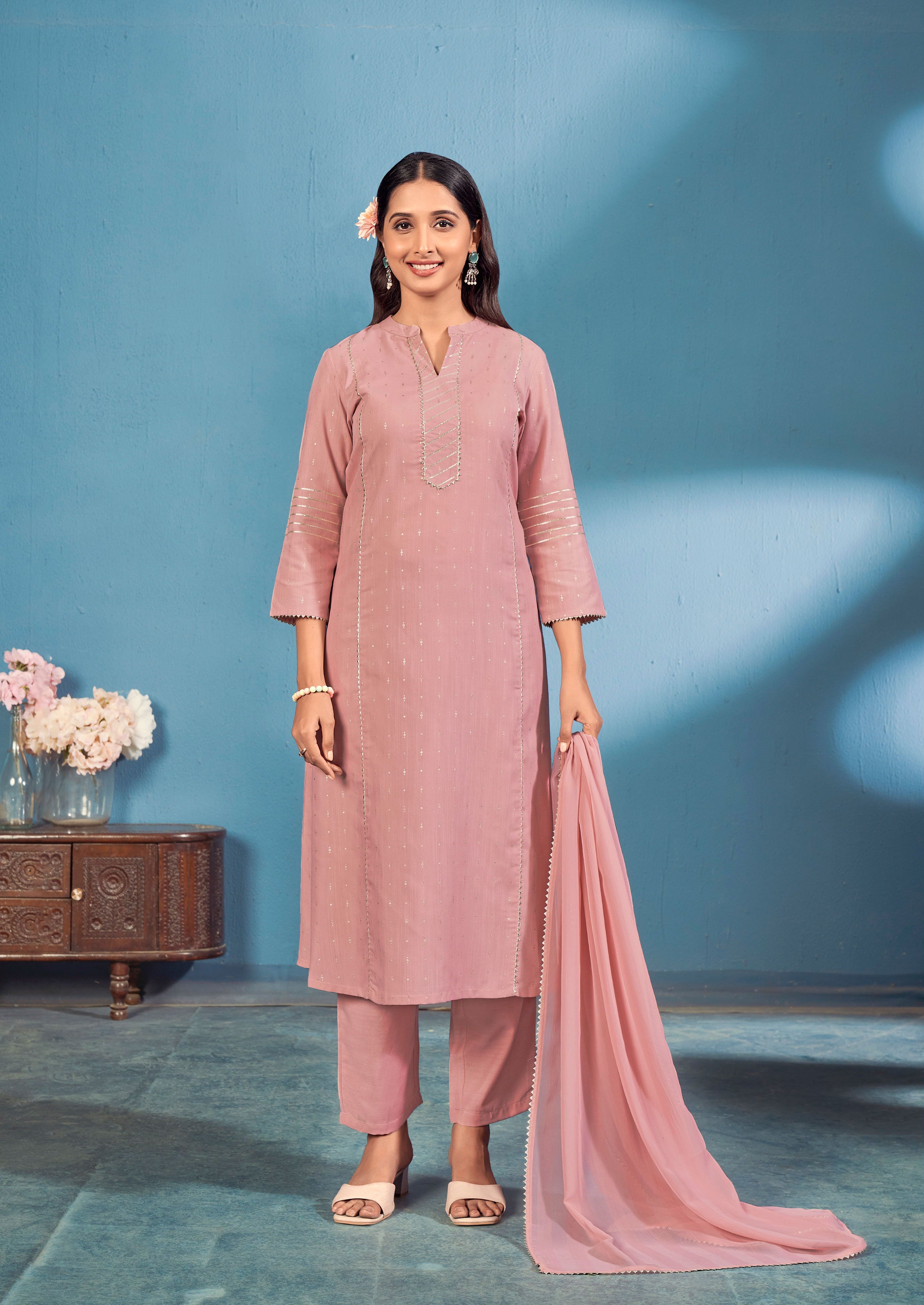 Laxmipati Bindiya Foil Print Straight Kurta Set with Trousers & Dupatta in Mauve Color