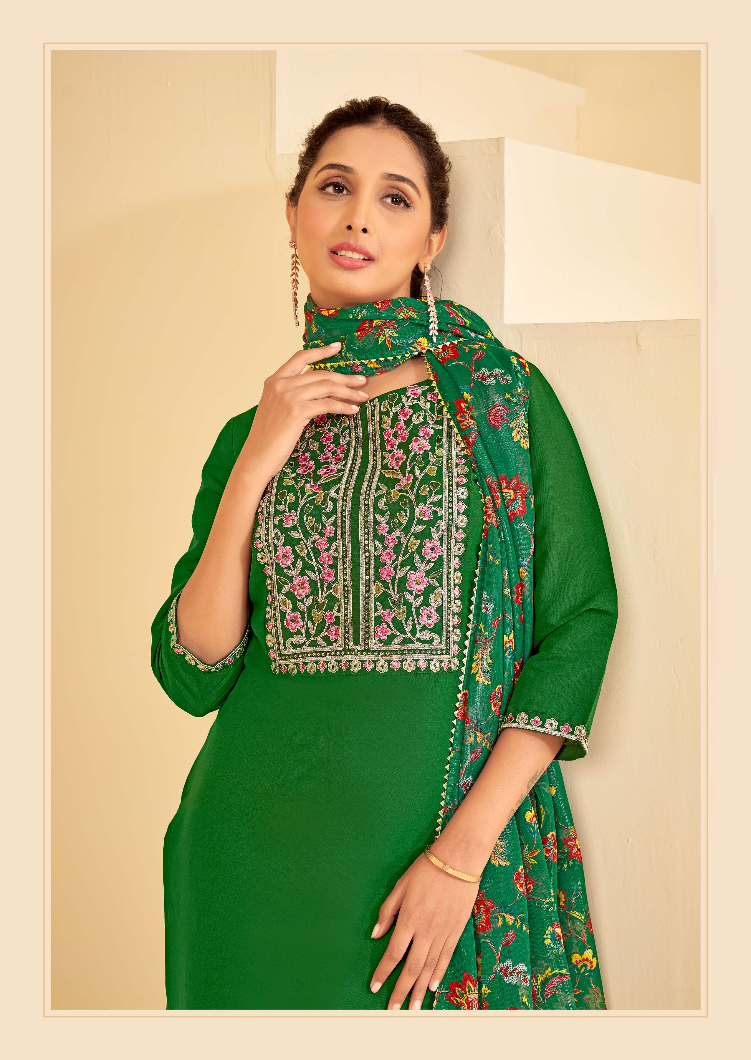 Dark Green Embroidered Straight Kurta Set with Pant and Printed Dupatta - Bhumija
