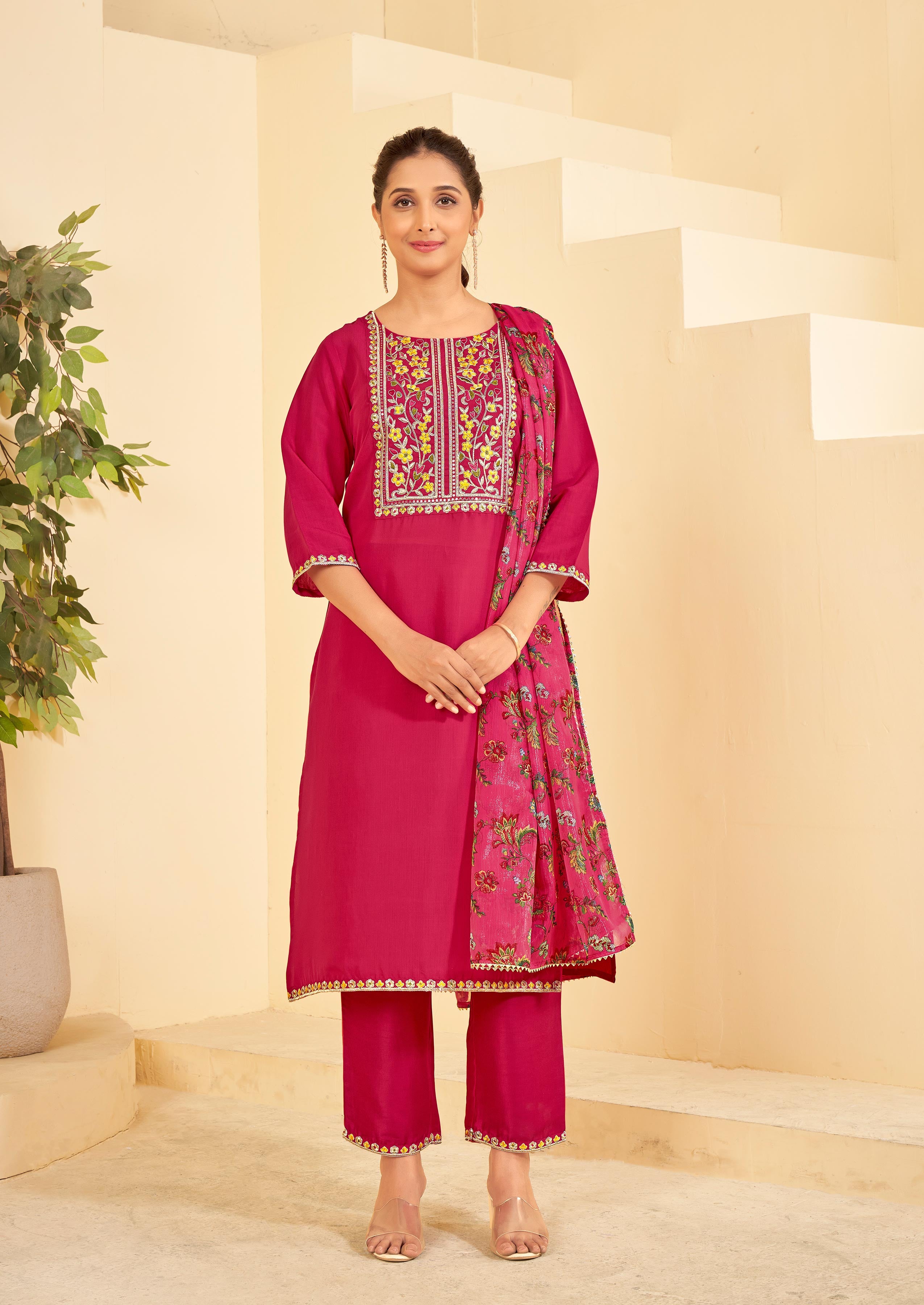 Pink Embroidered Straight Kurta Set with Pant and Printed Dupatta - Bhumija