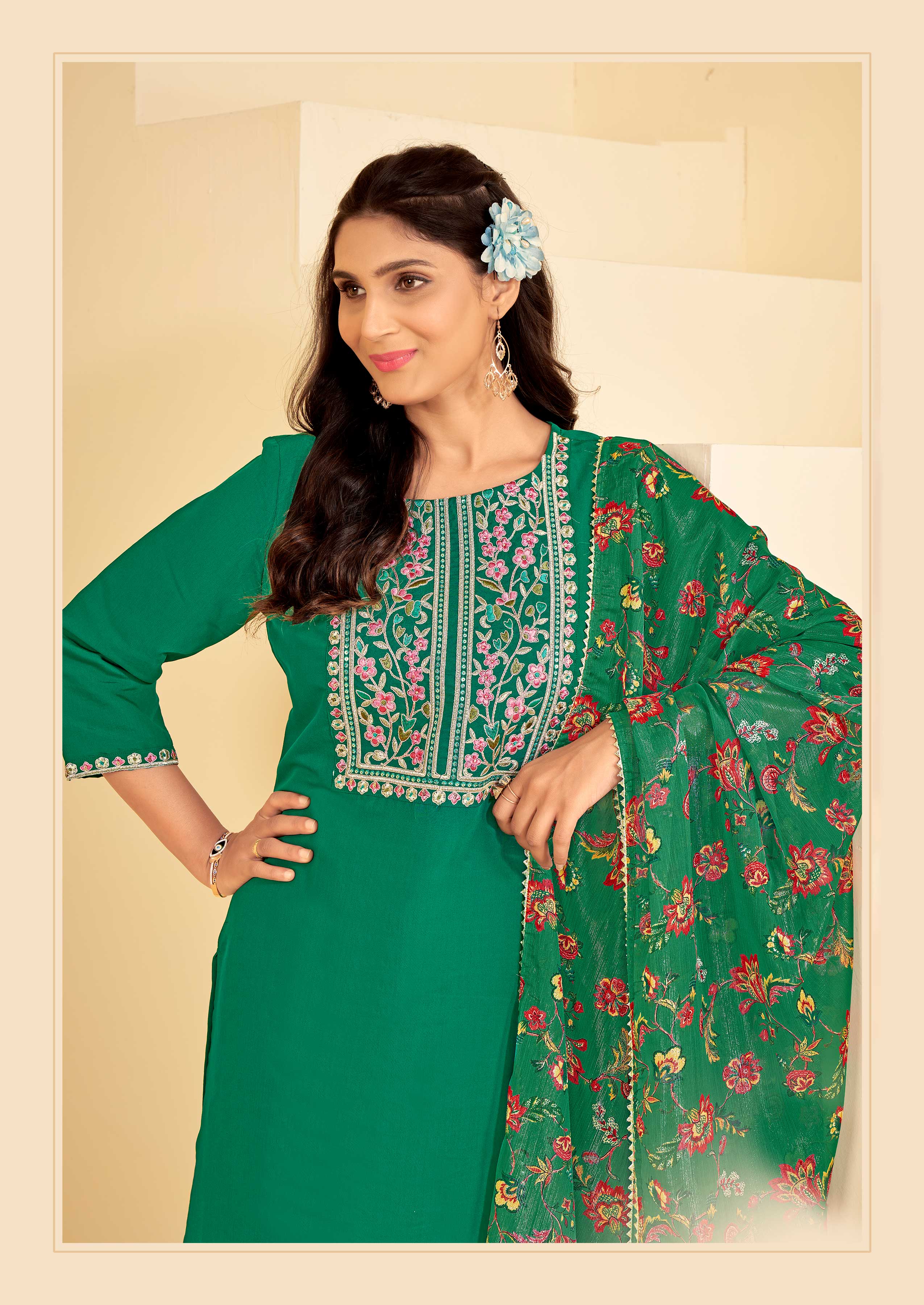 Teal Green Embroidered Straight Kurta Set with Pant and Printed Dupatta - Bhumija