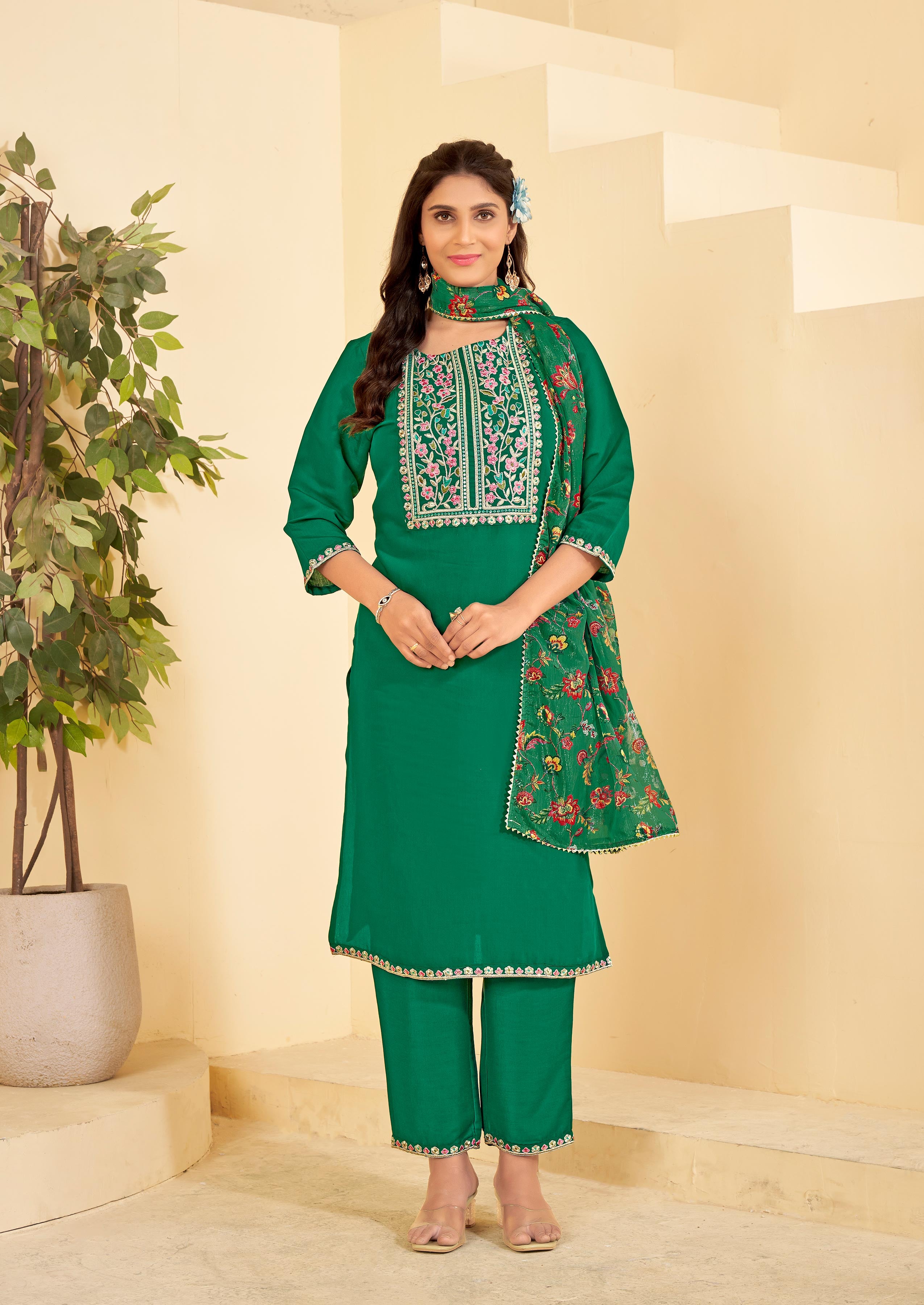 Teal Green Embroidered Straight Kurta Set with Pant and Printed Dupatta - Bhumija