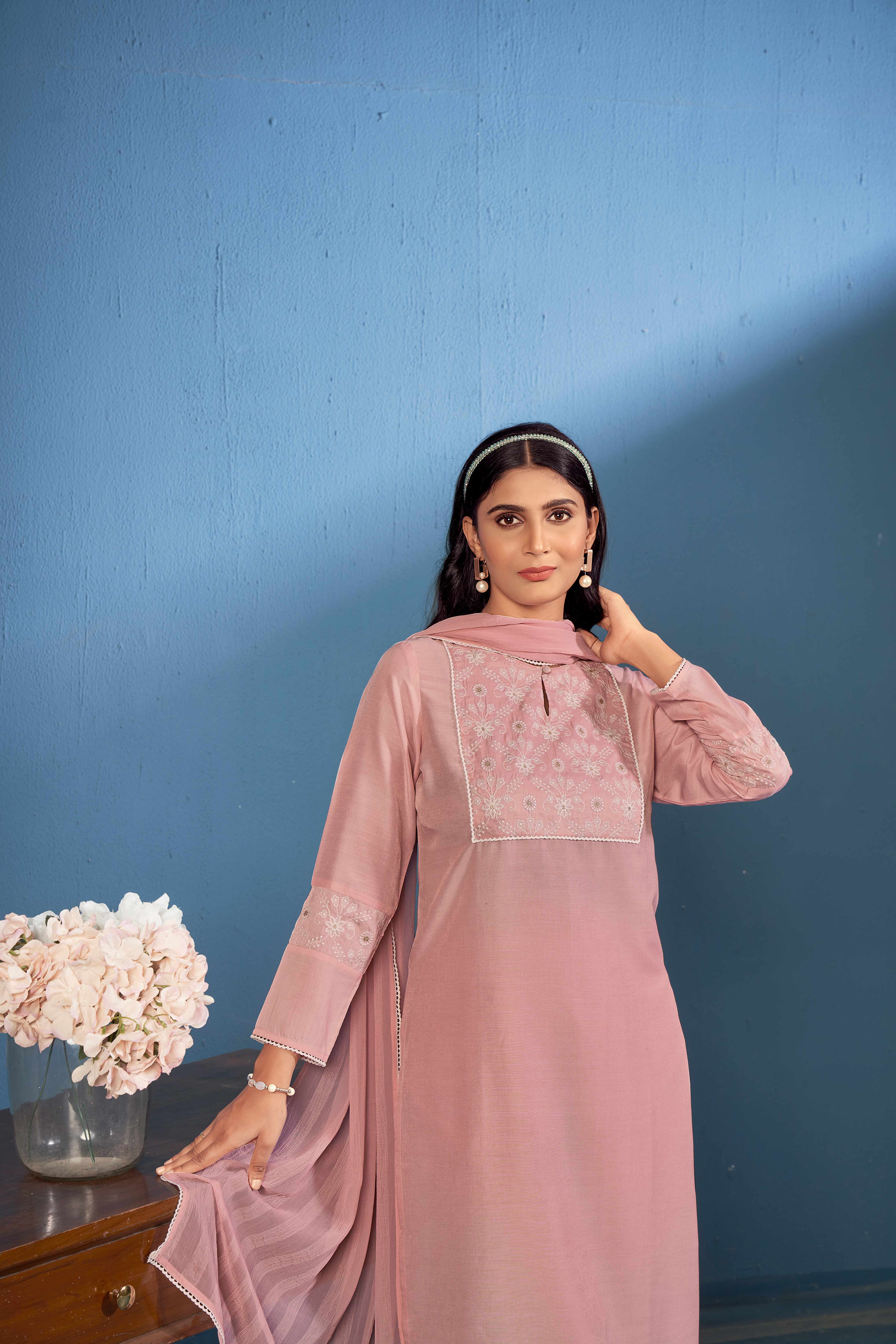Laxmipati Naina Straight Kurta Set with Trousers & Dupatta in Mauve Color