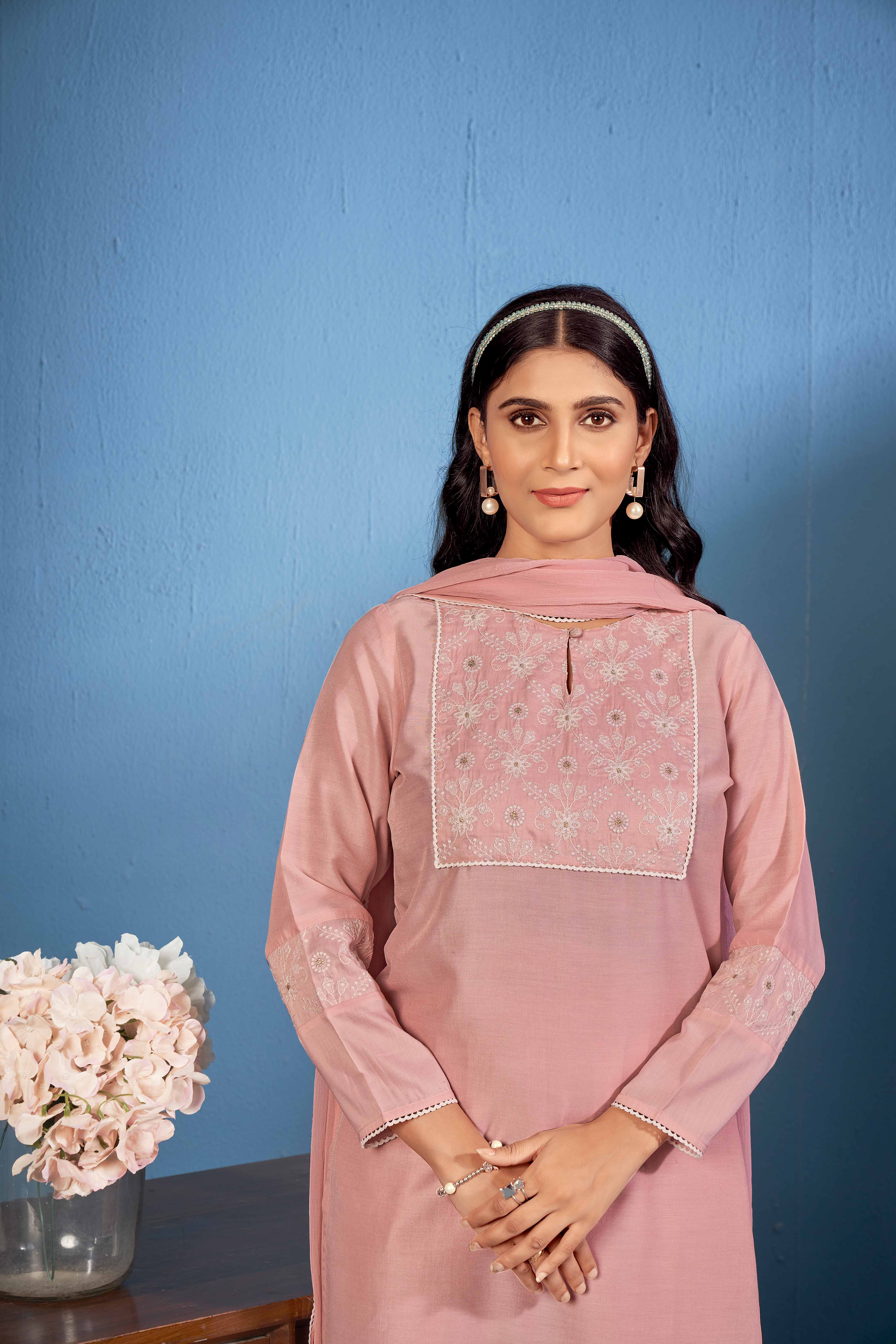 Laxmipati Naina Straight Kurta Set with Trousers & Dupatta in Mauve Color