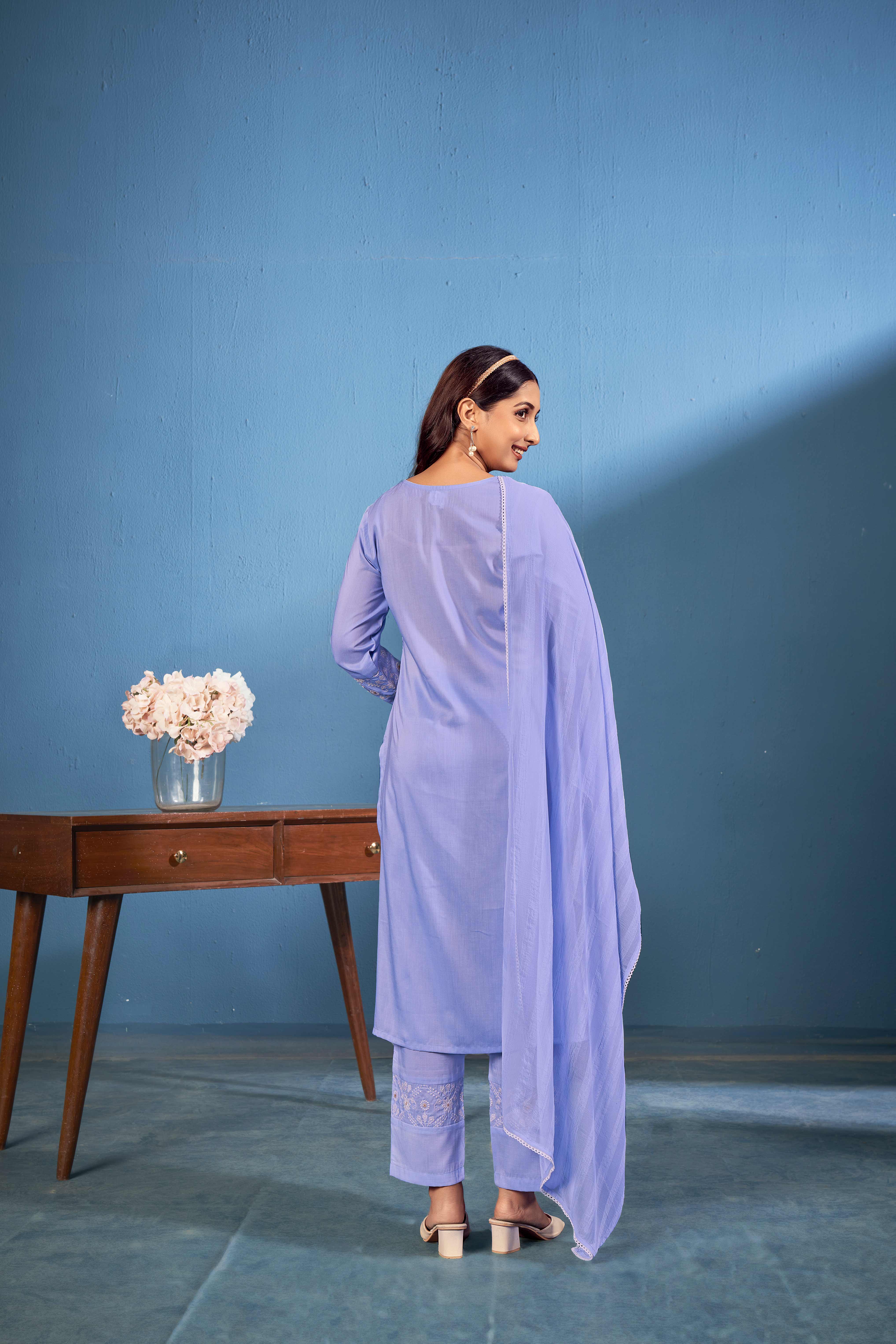 Laxmipati Naina Straight Kurta Set with Trousers & Dupatta in Blue Color