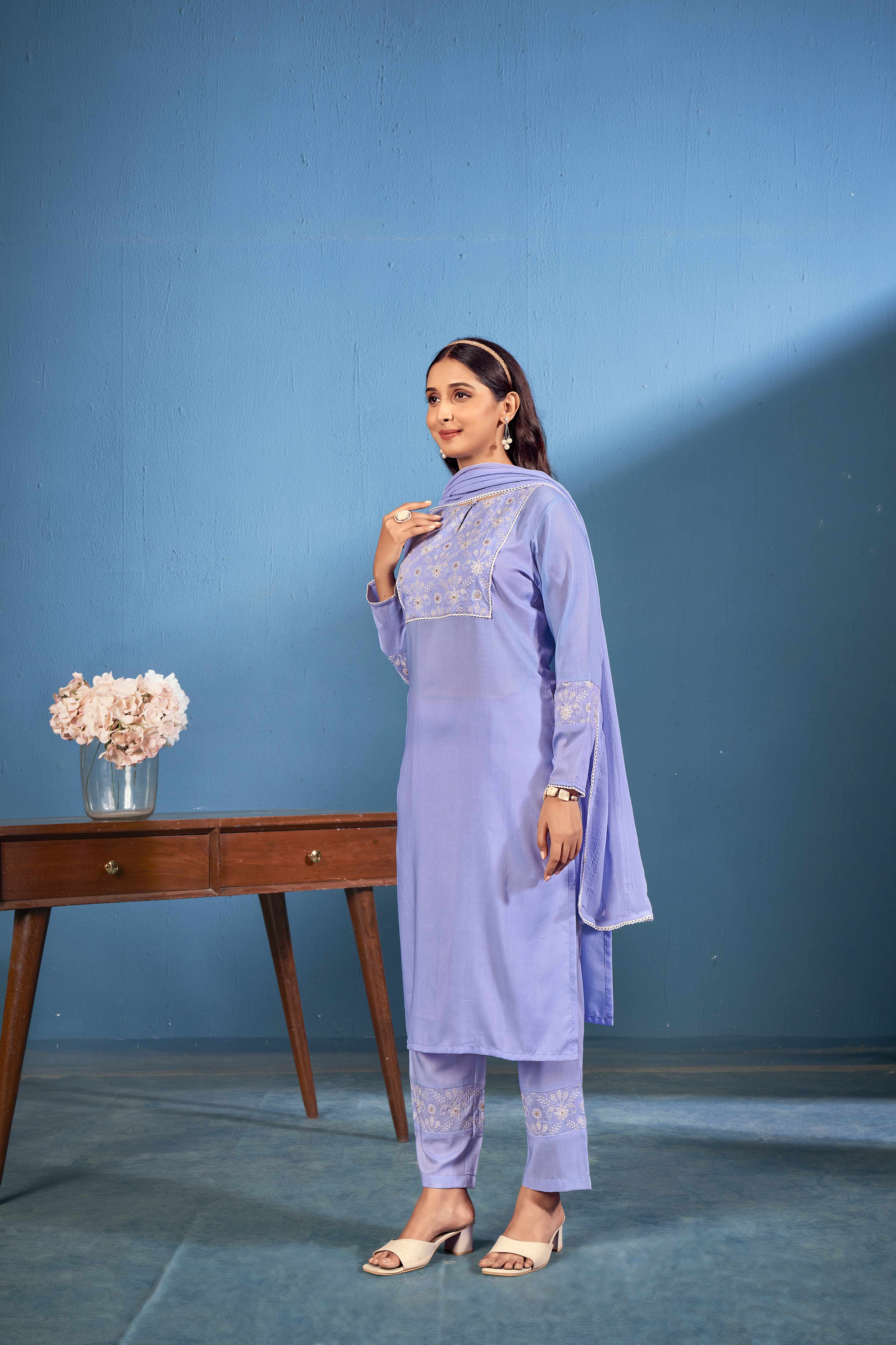 Laxmipati Naina Straight Kurta Set with Trousers & Dupatta in Blue Color