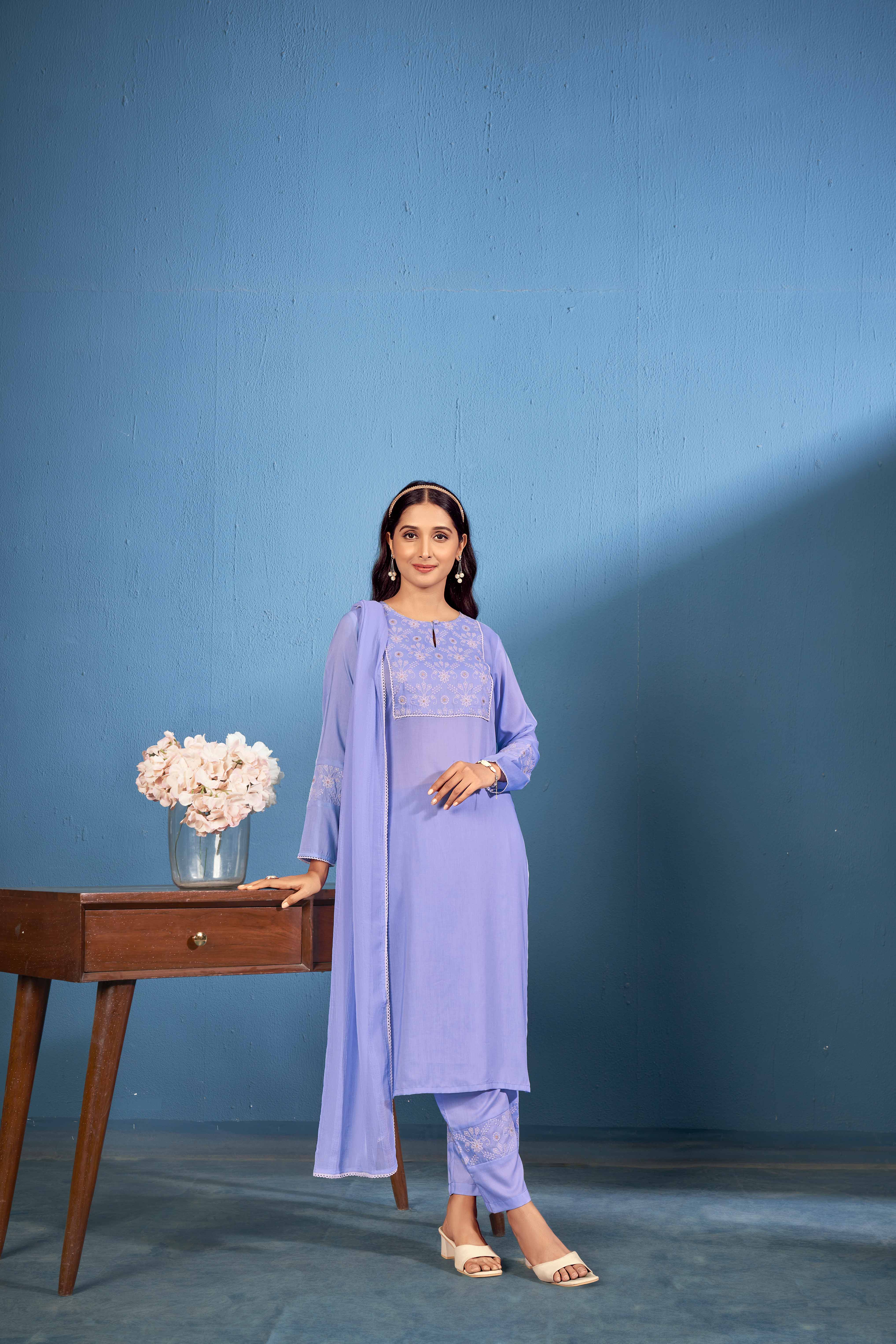 Laxmipati Naina Straight Kurta Set with Trousers & Dupatta in Blue Color