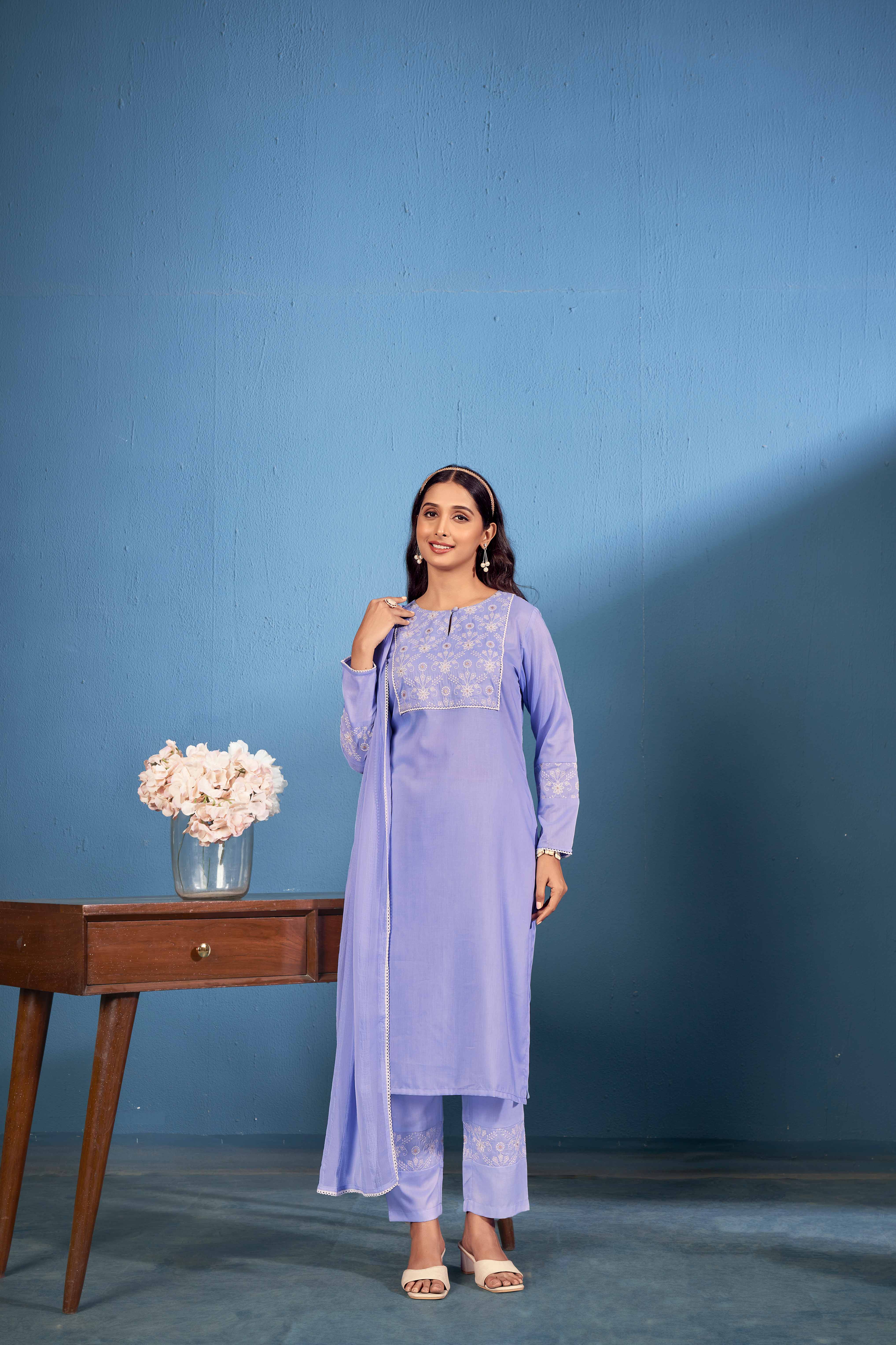 Laxmipati Naina Straight Kurta Set with Trousers & Dupatta in Blue Color