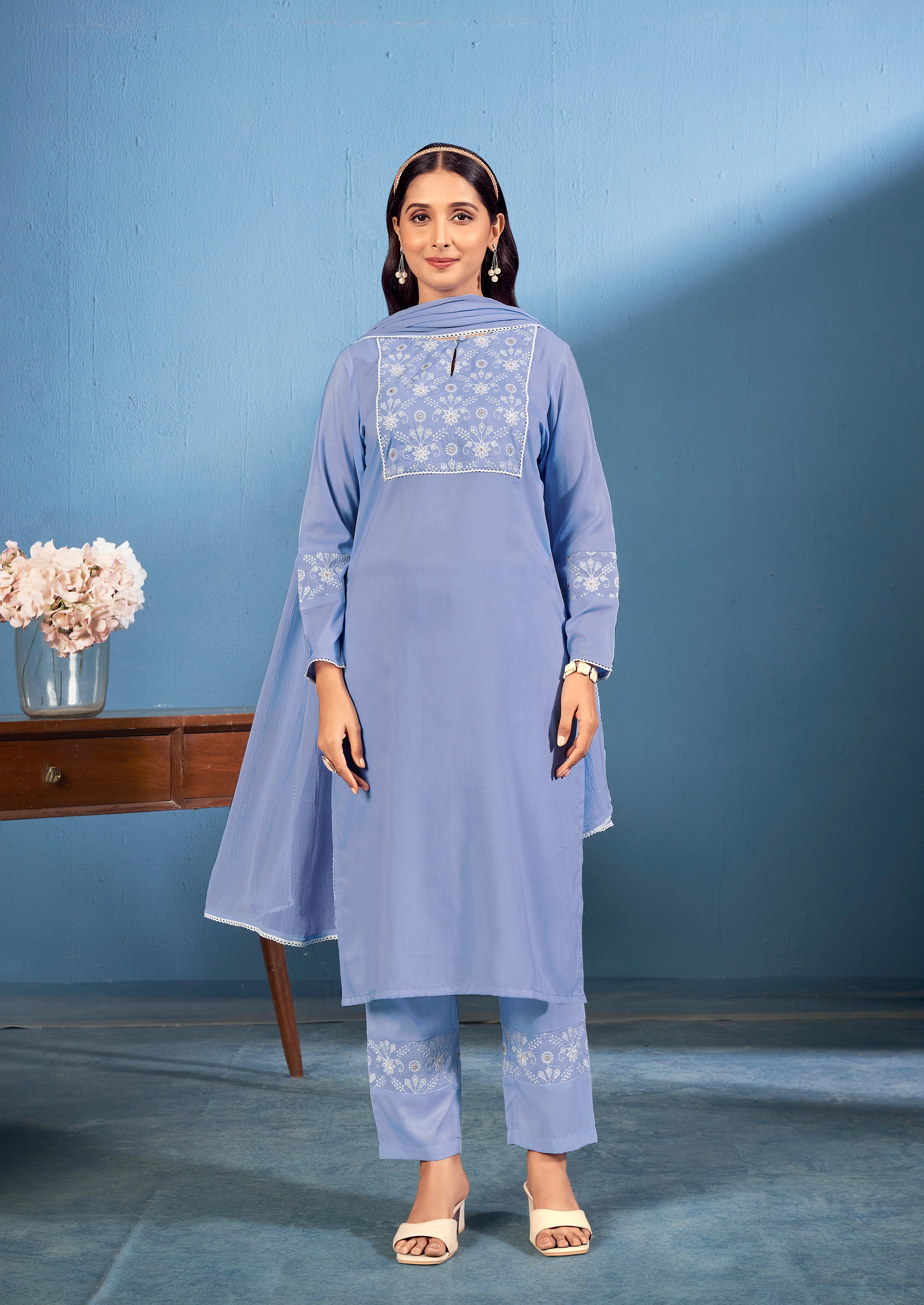 Laxmipati Naina Straight Kurta Set with Trousers & Dupatta in Blue Color