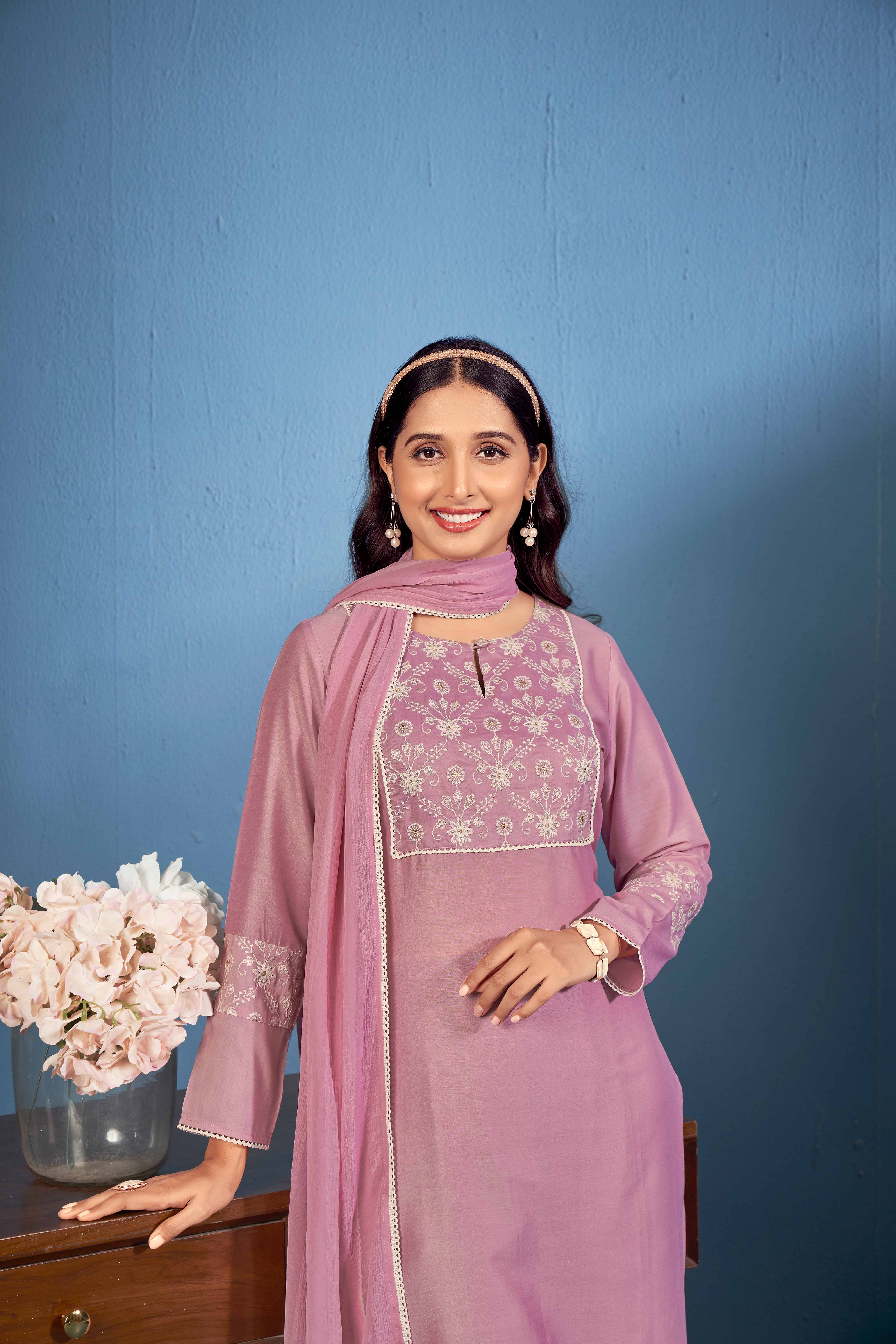 Laxmipati Naina Straight Kurta Set with Trousers & Dupatta in Purple Color