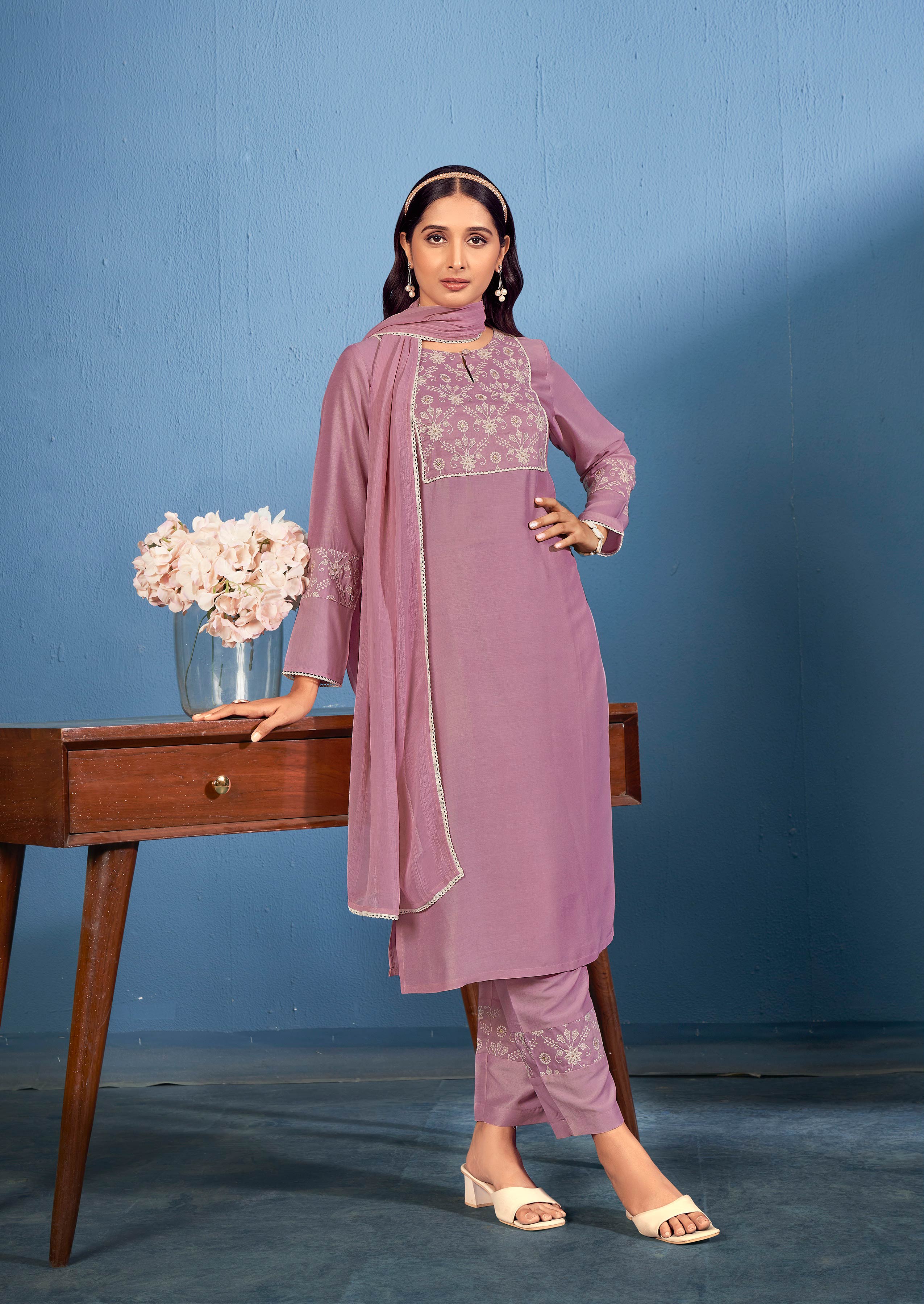Laxmipati Naina Straight Kurta Set with Trousers & Dupatta in Purple Color