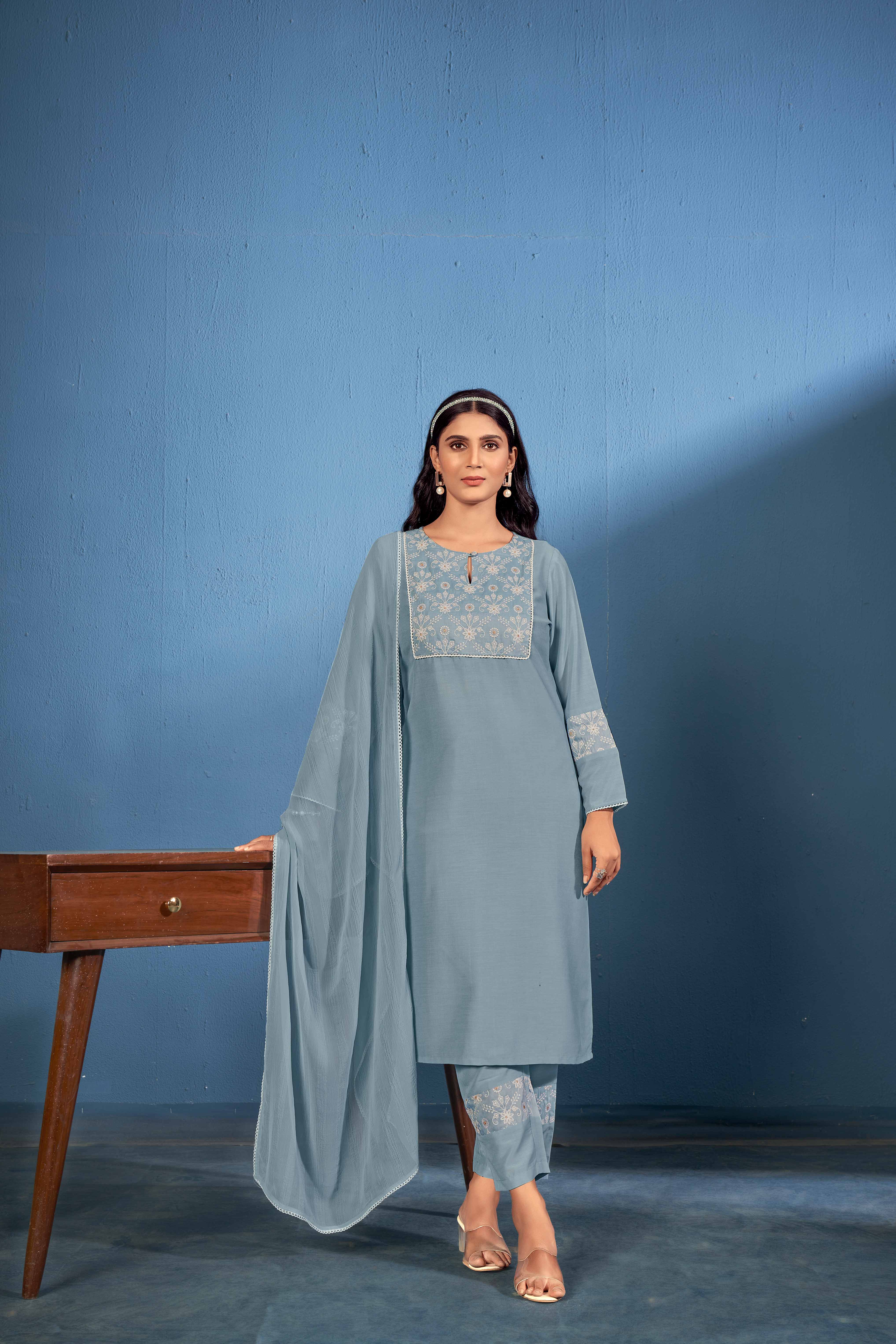 Laxmipati Naina Straight Kurta Set with Trousers & Dupatta in Teal Color