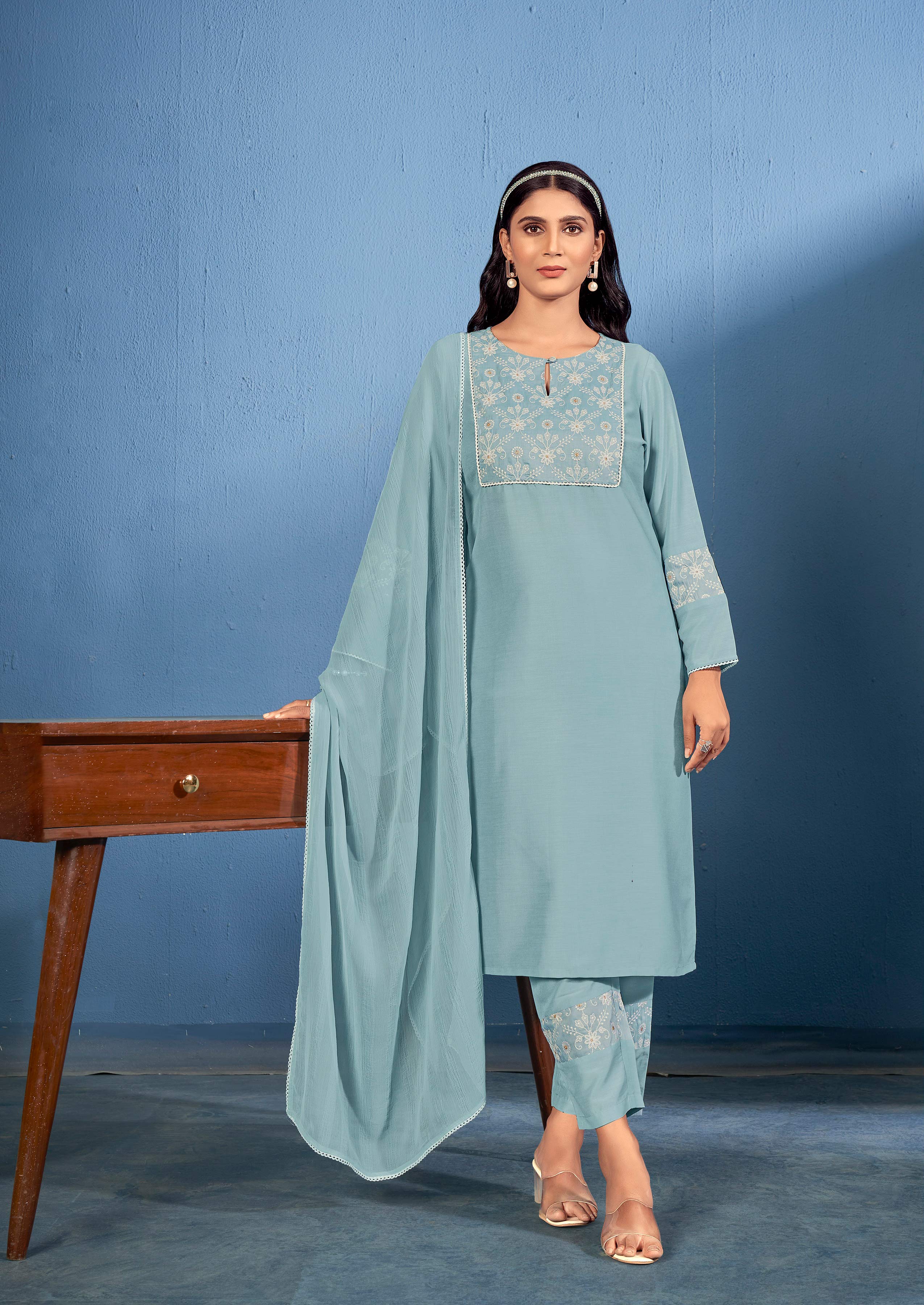 Laxmipati Naina Straight Kurta Set with Trousers & Dupatta in Teal Color