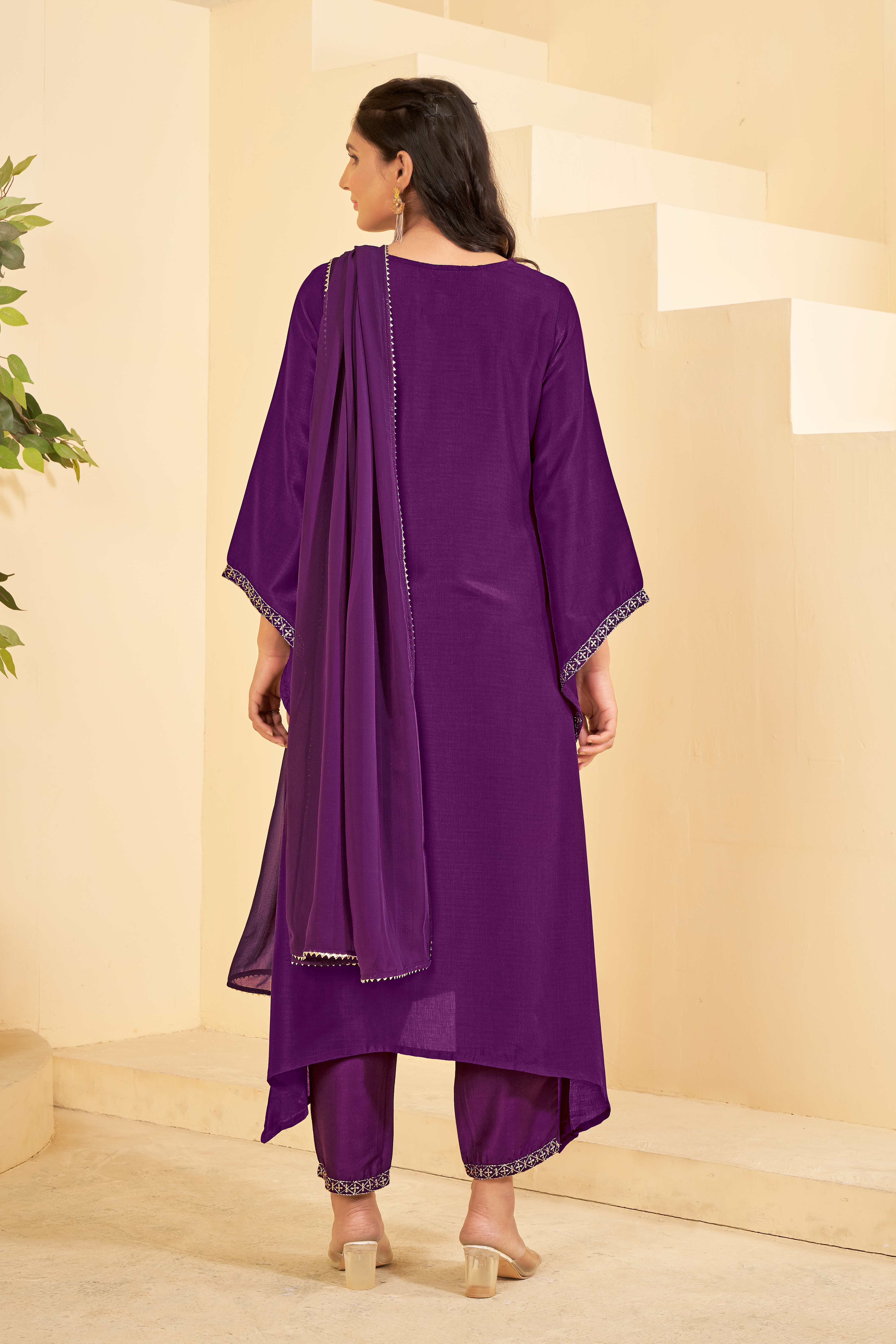 Dark Purple A-Line Kurta Set with Matching Pant & Dupatta - Resham