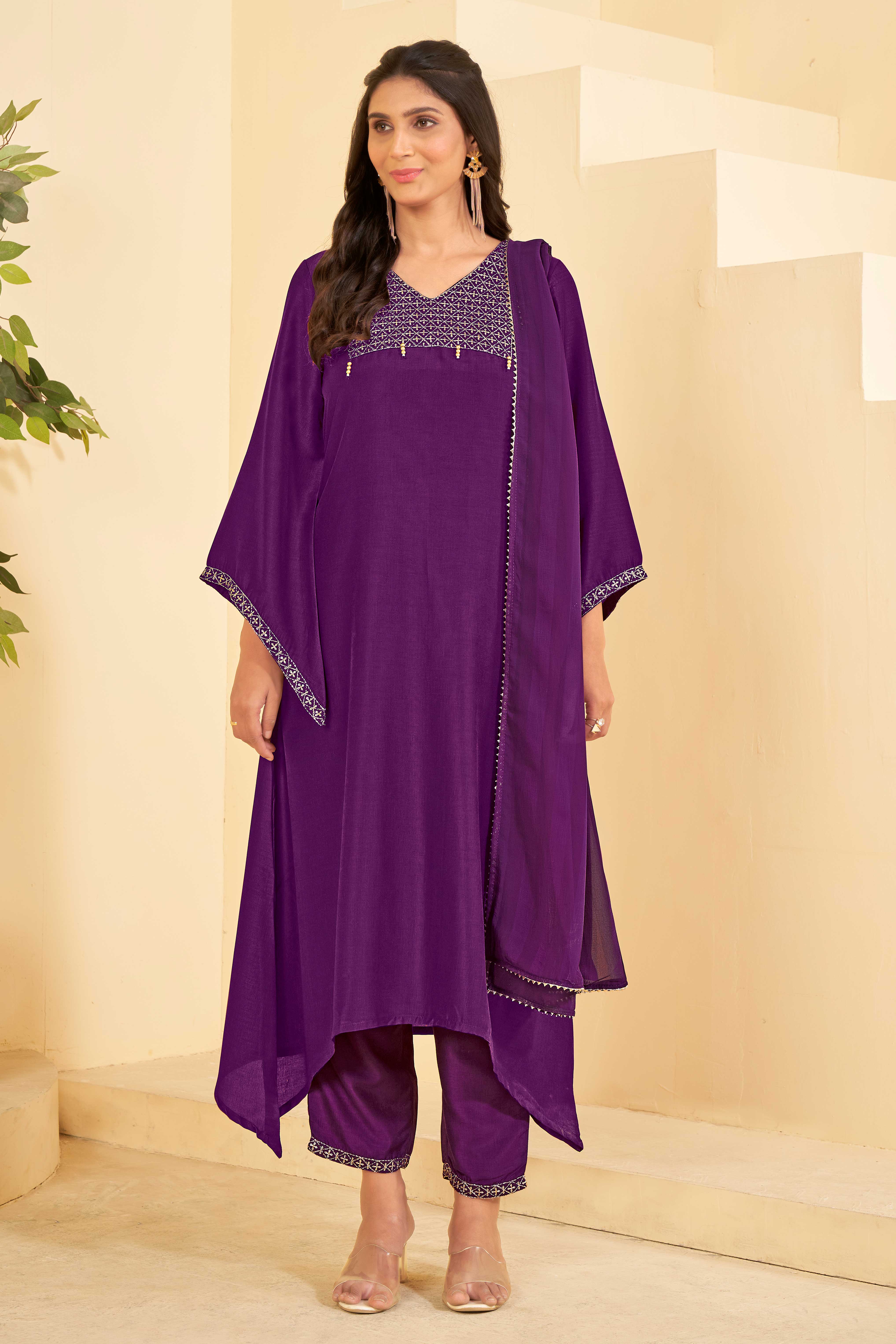 Dark Purple A-Line Kurta Set with Matching Pant & Dupatta - Resham