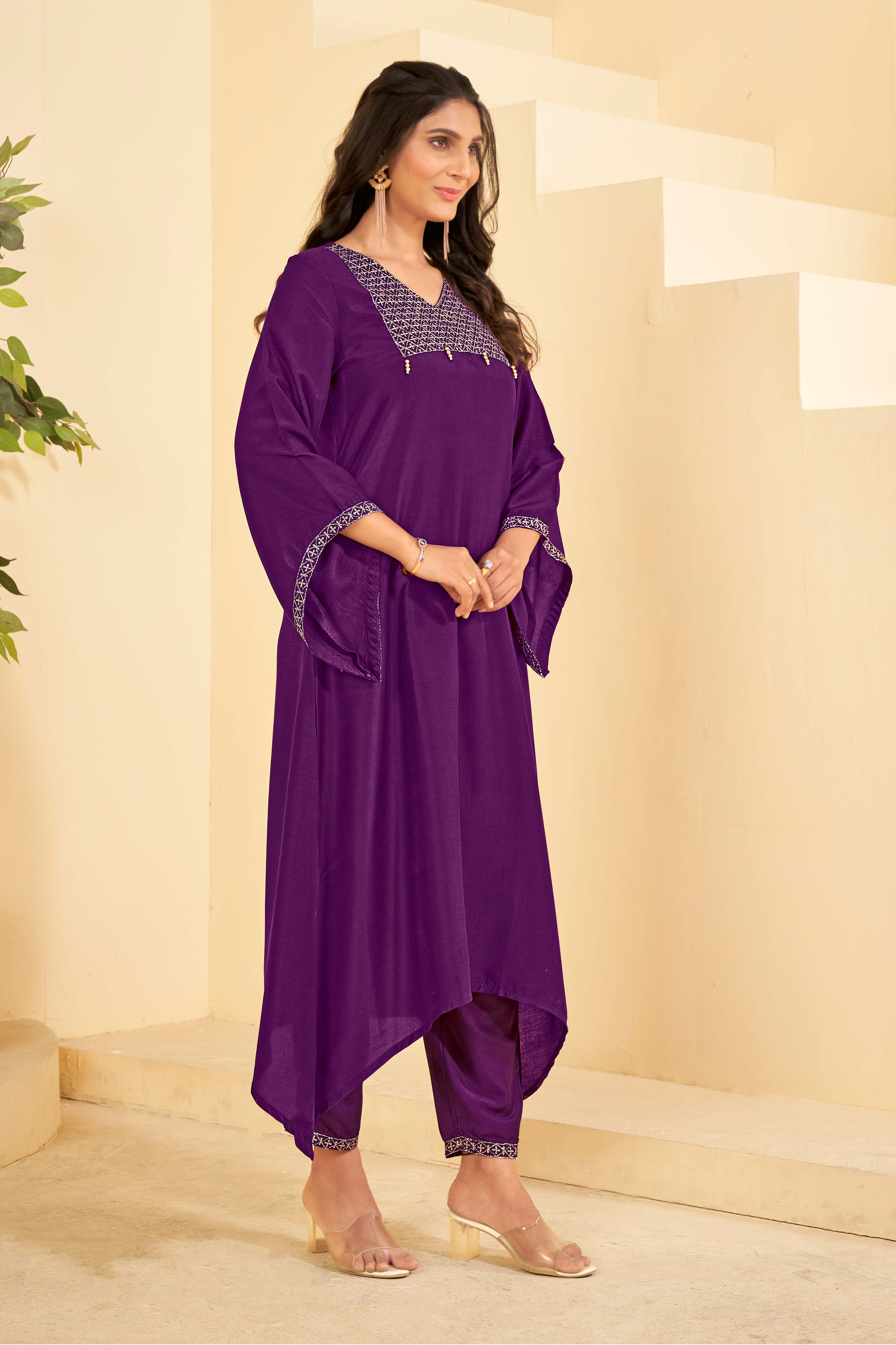 Dark Purple A-Line Kurta Set with Matching Pant & Dupatta - Resham