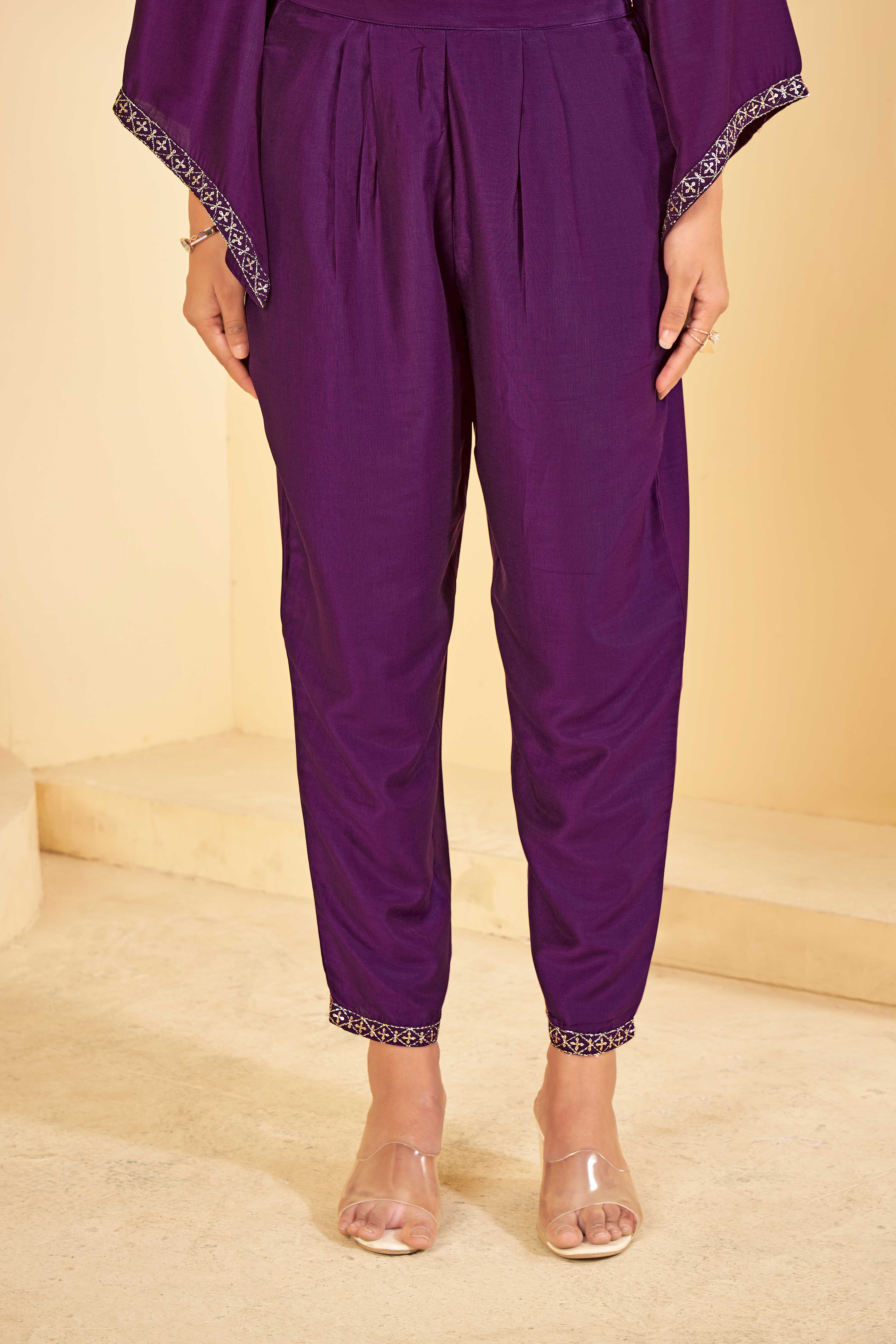 Dark Purple A-Line Kurta Set with Matching Pant & Dupatta - Resham