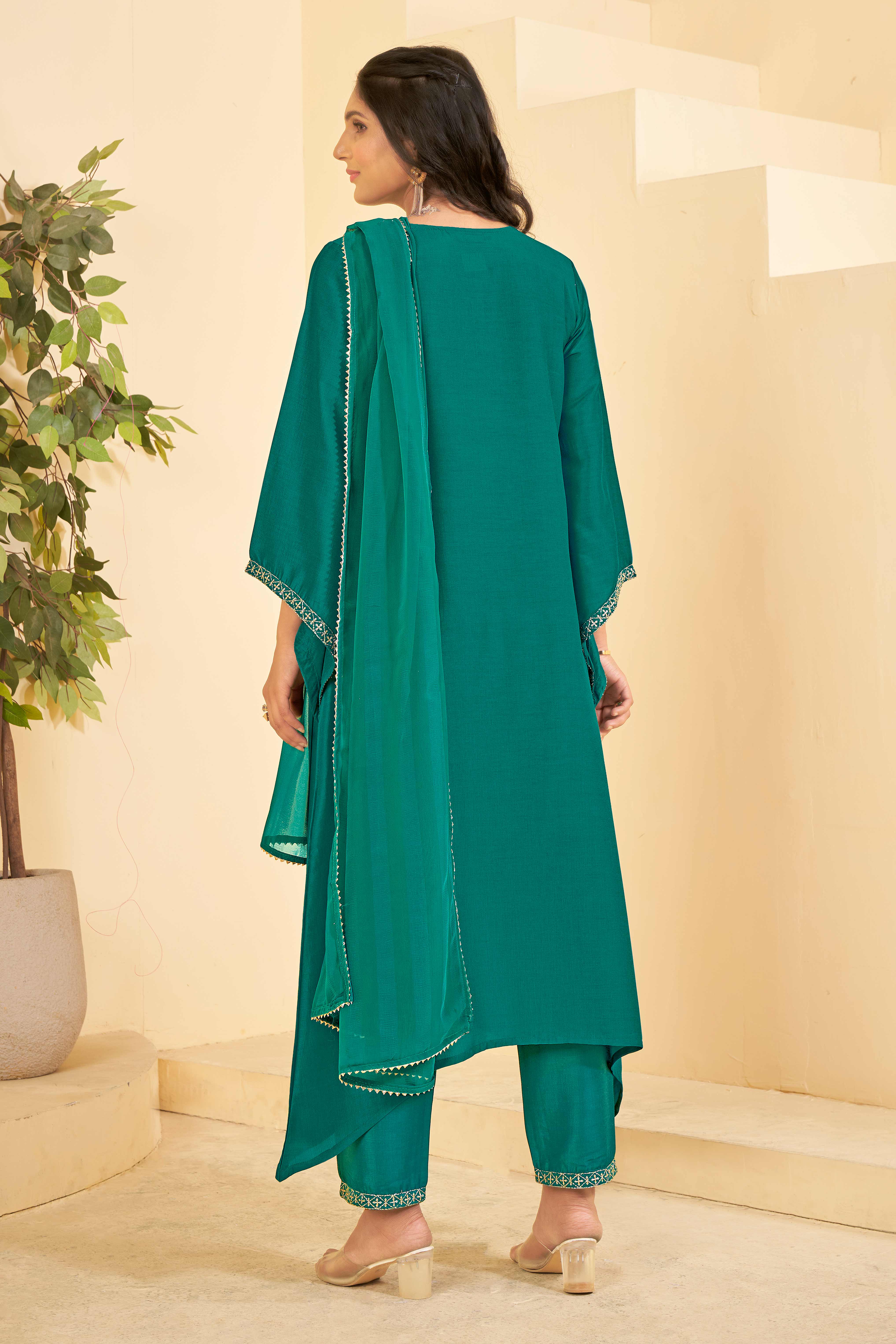 Sea Green A-Line Kurta Set with Matching Pant & Dupatta - Resham
