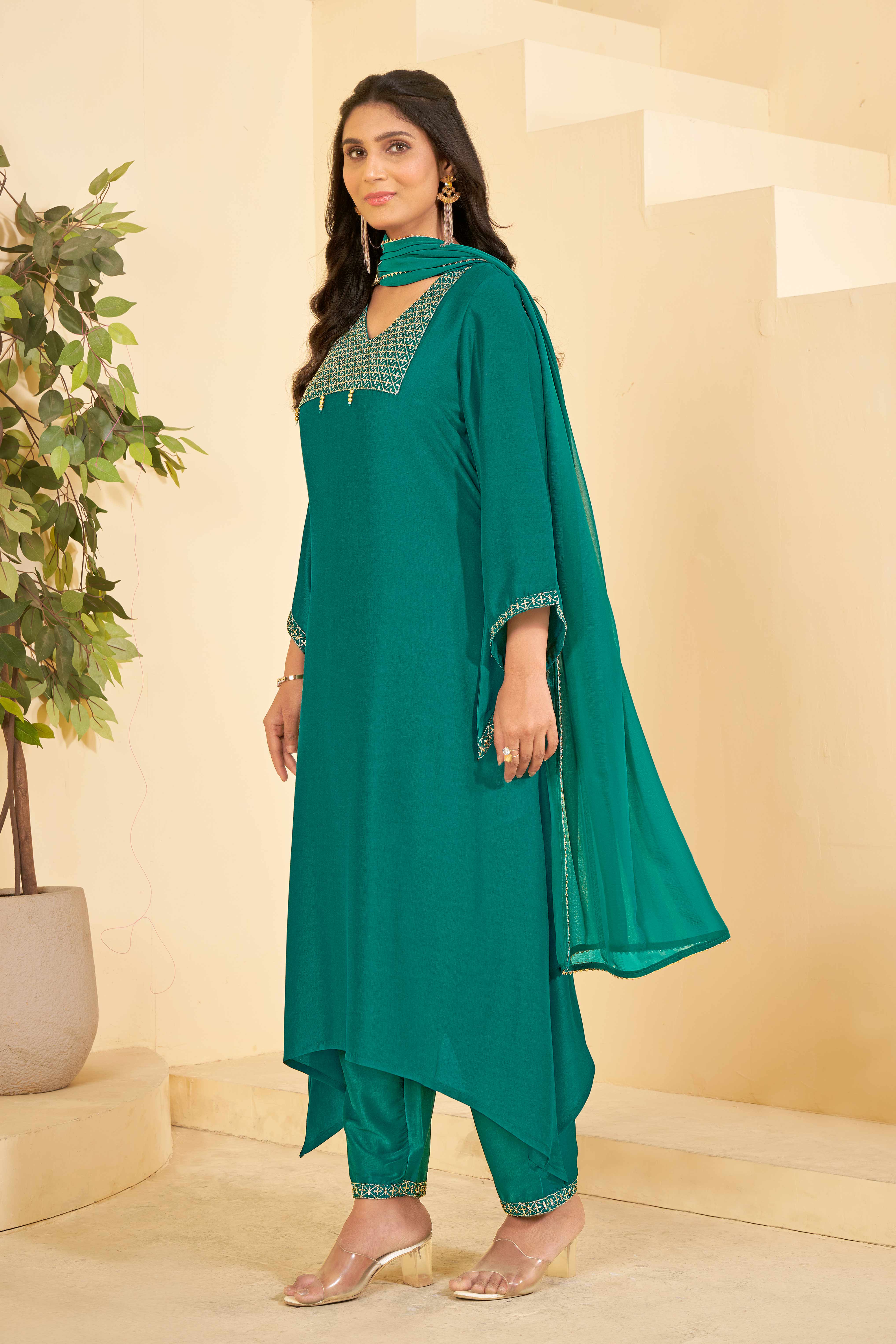 Sea Green A-Line Kurta Set with Matching Pant & Dupatta - Resham