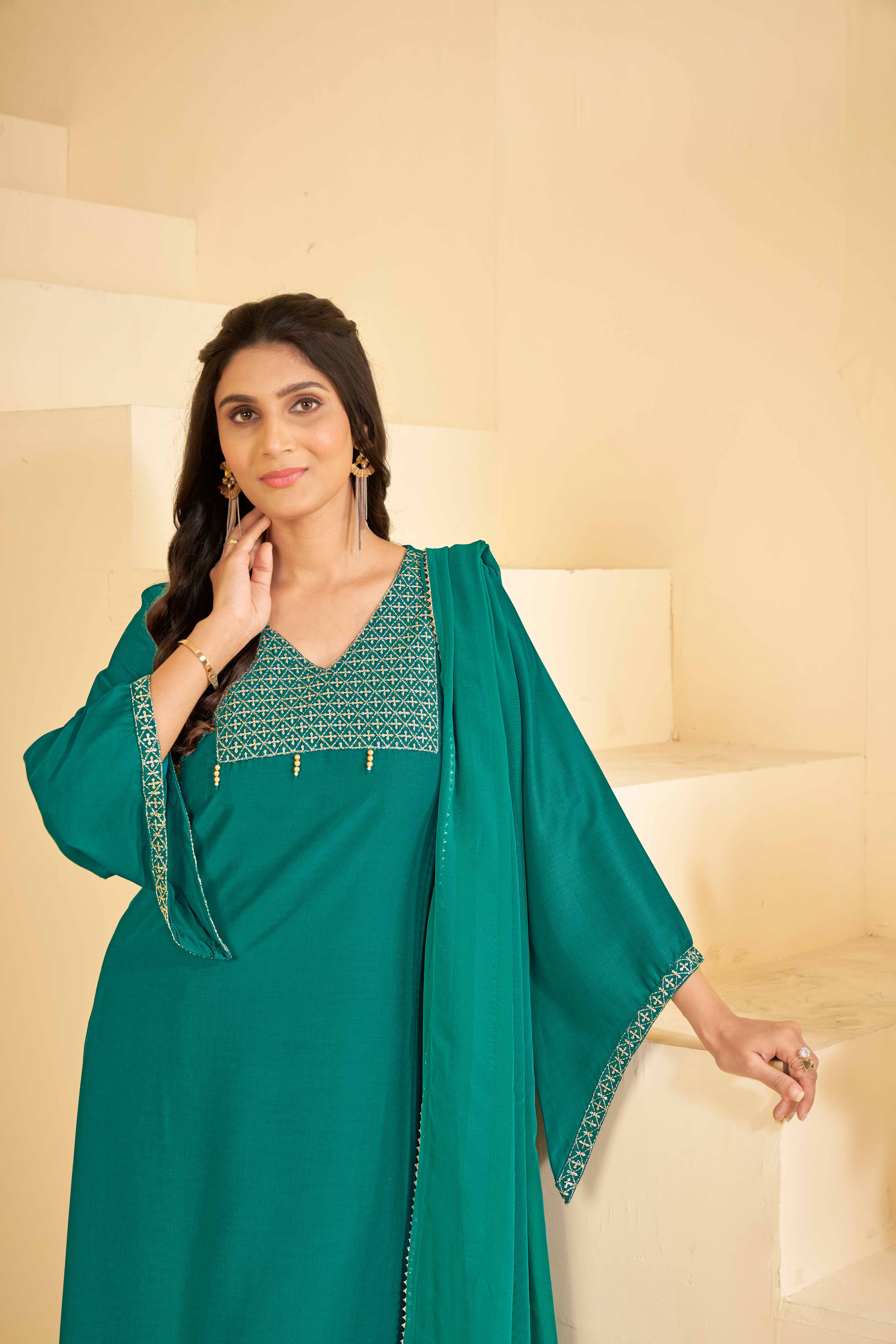 Sea Green A-Line Kurta Set with Matching Pant & Dupatta - Resham