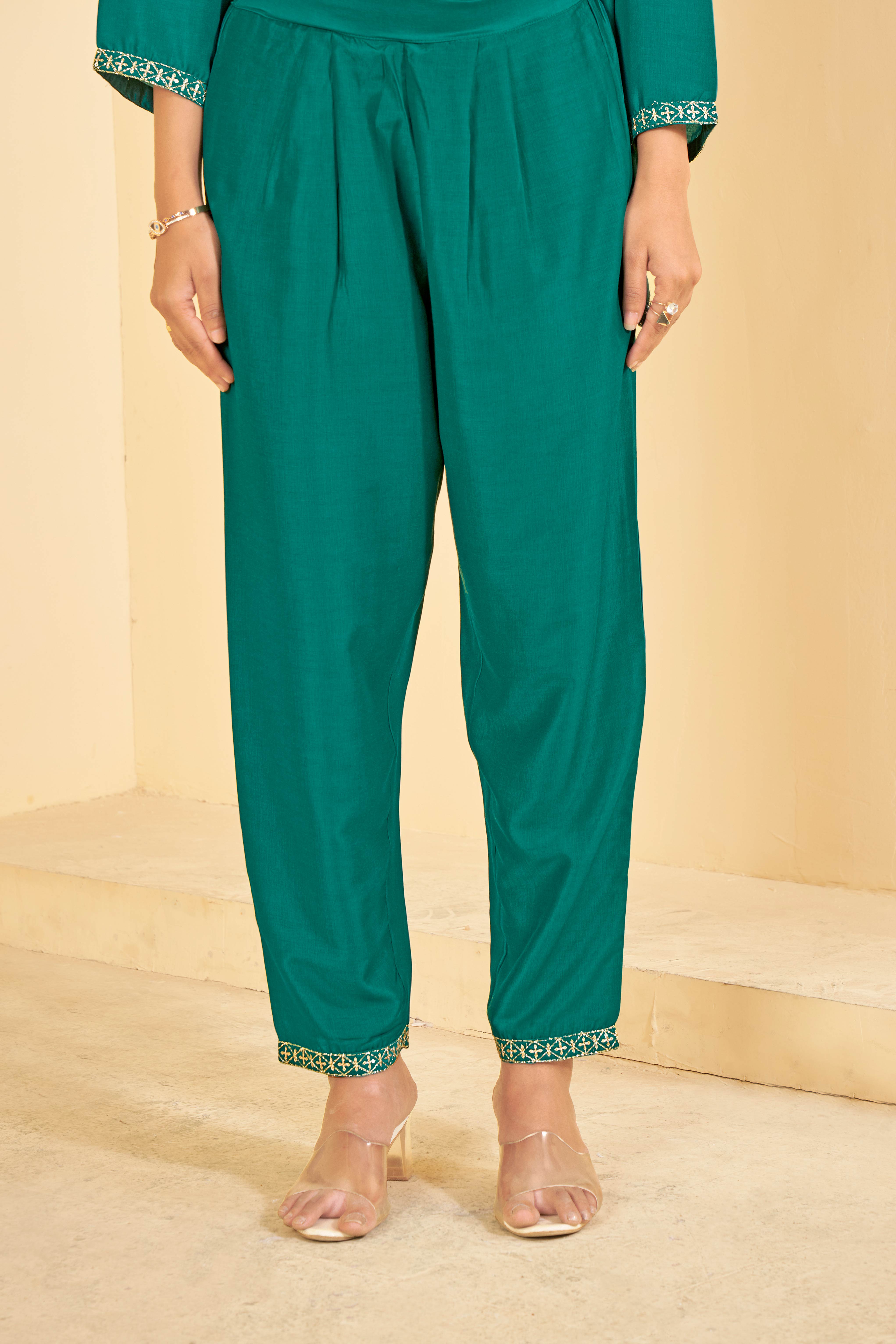 Sea Green A-Line Kurta Set with Matching Pant & Dupatta - Resham