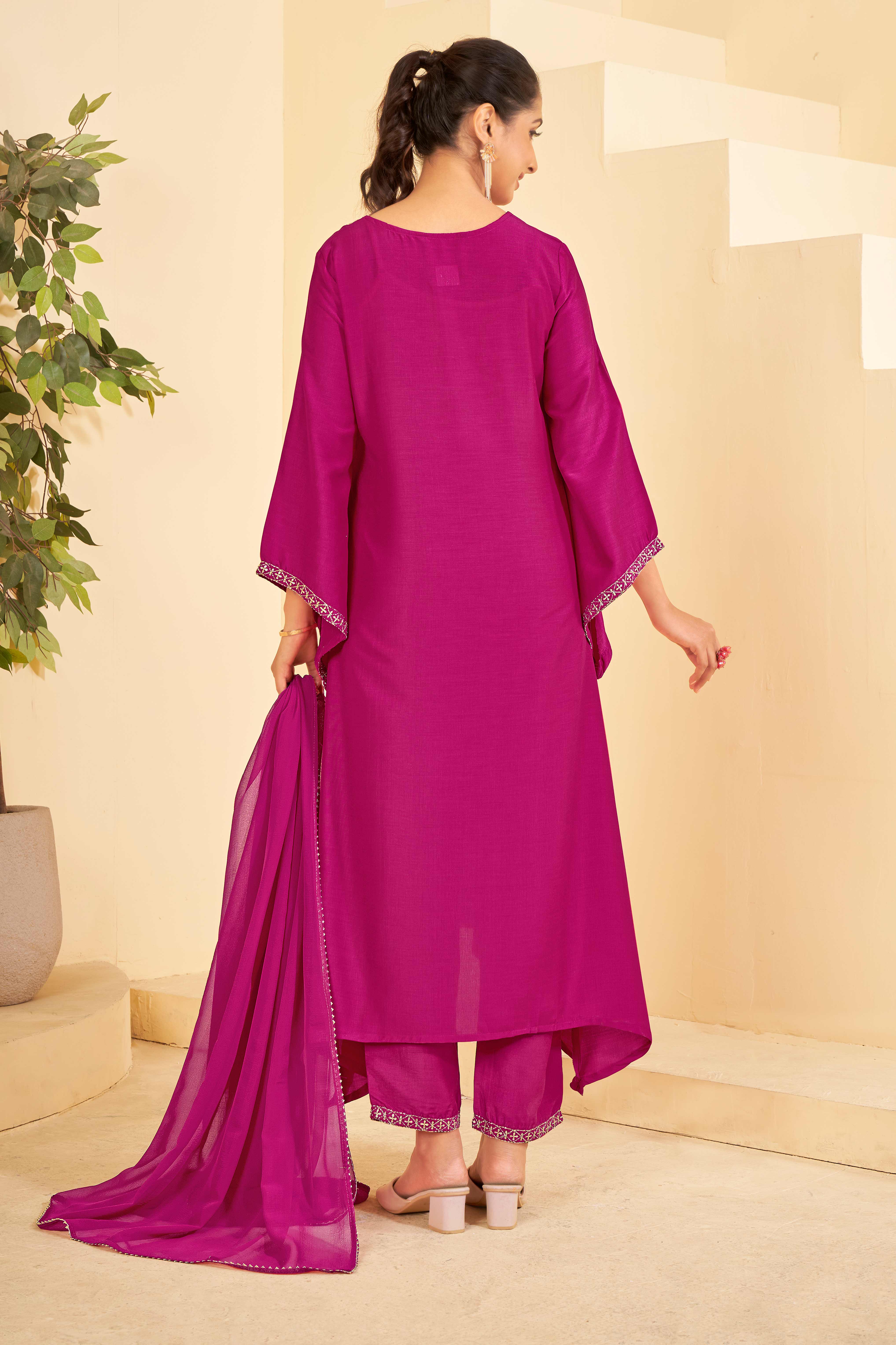 Pink A-Line Kurti Set with Matching Pant & Dupatta-Resham
