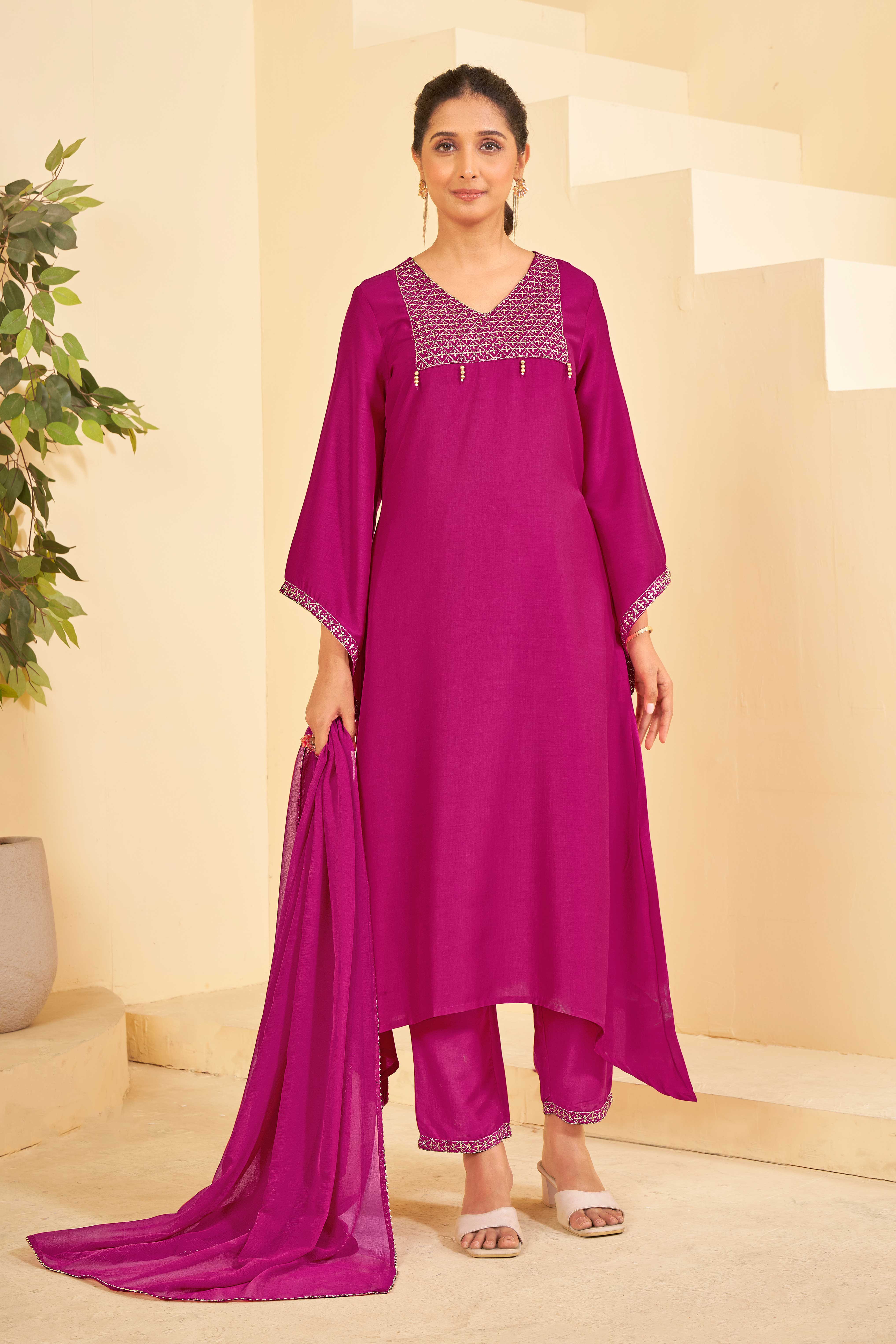 Pink A-Line Kurti Set with Matching Pant & Dupatta-Resham