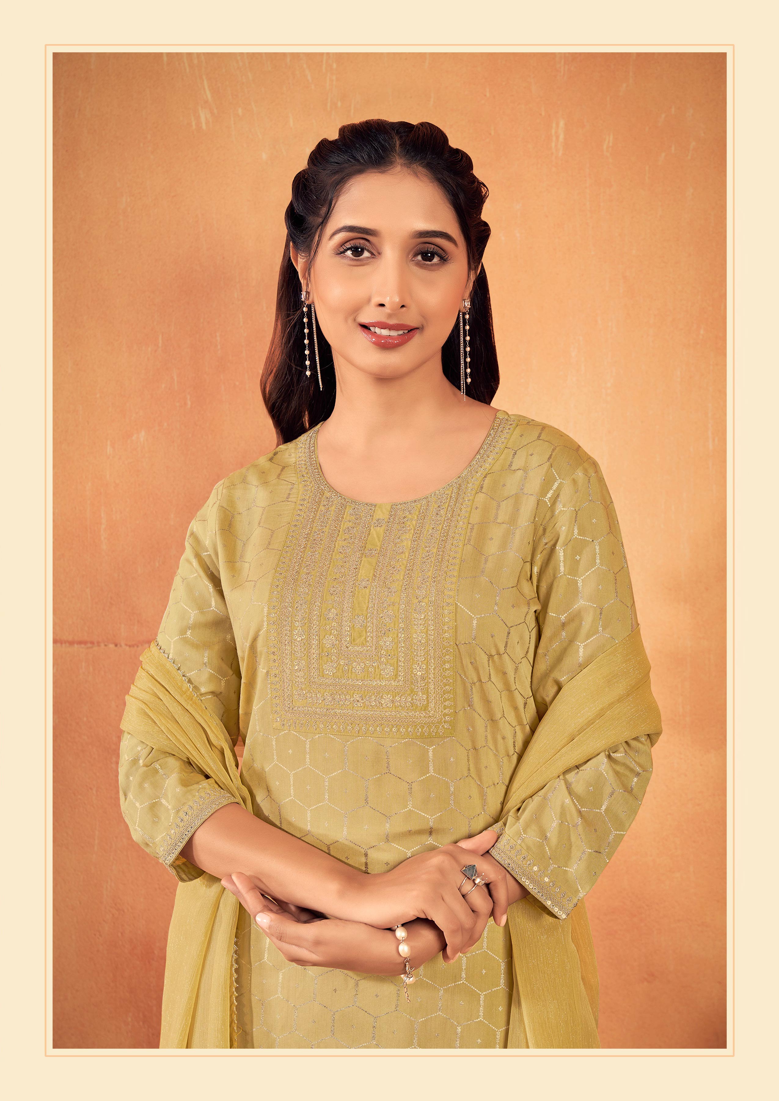 Laxmipati Falak Geometric Foil Print Straight Kurta Set with Trousers & Dupatta in Ochre Yellow Color