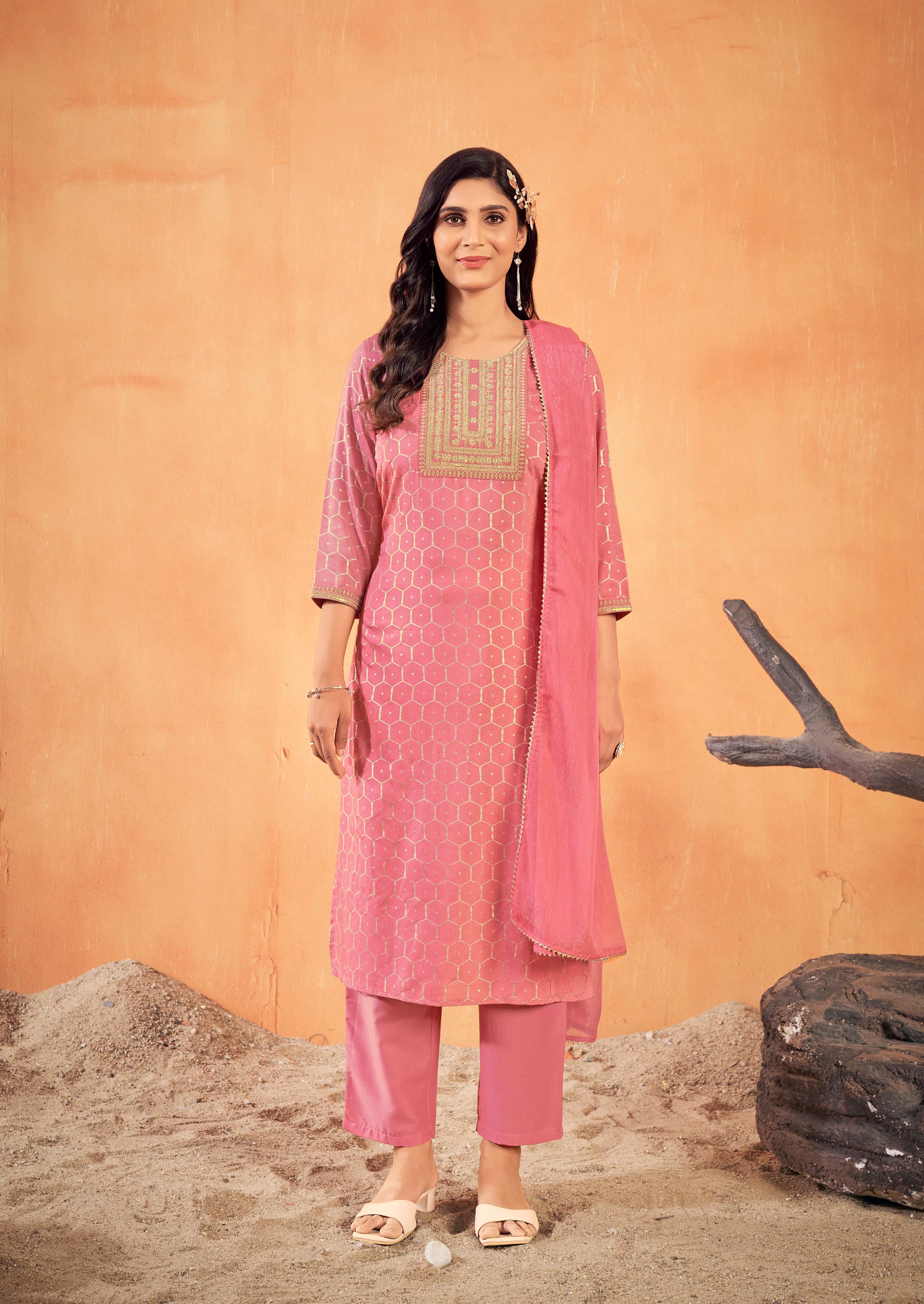 Laxmipati Falak Geometric Foil Print Straight Kurta Set with Trousers & Dupatta in Pink Color