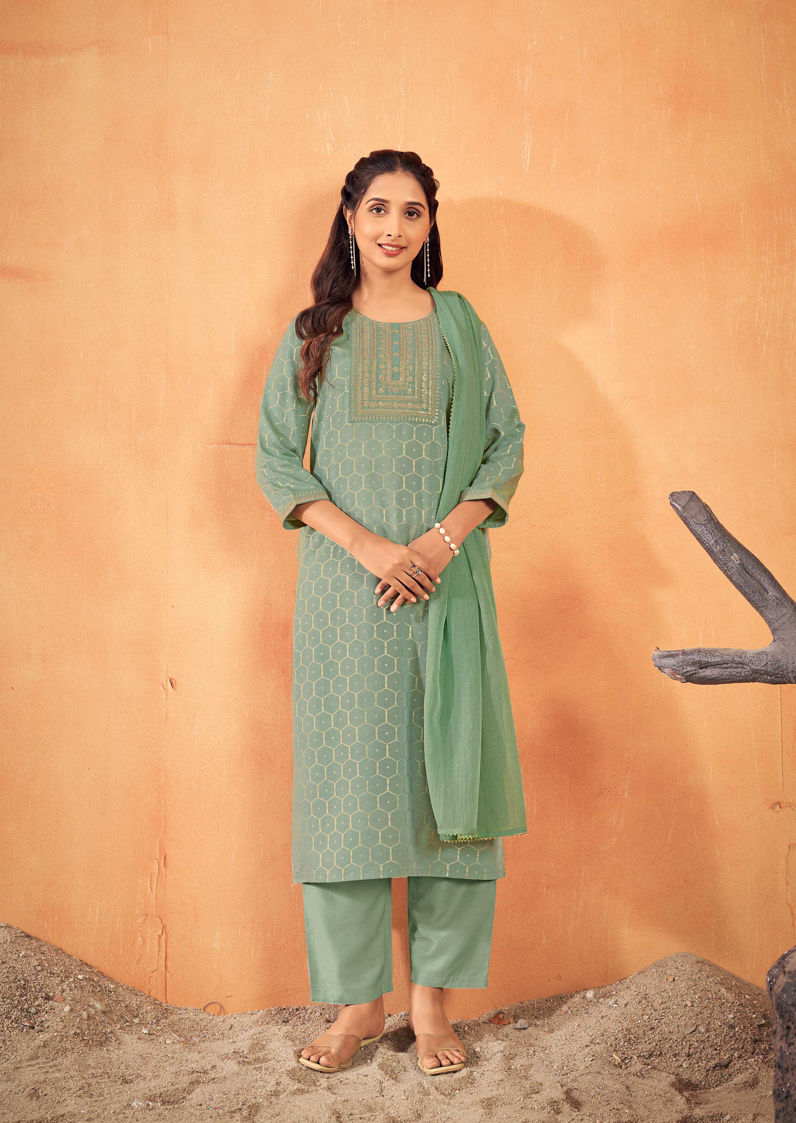 Laxmipati Falak Geometric Foil Print Straight Kurta Set with Trousers & Dupatta in Green Color
