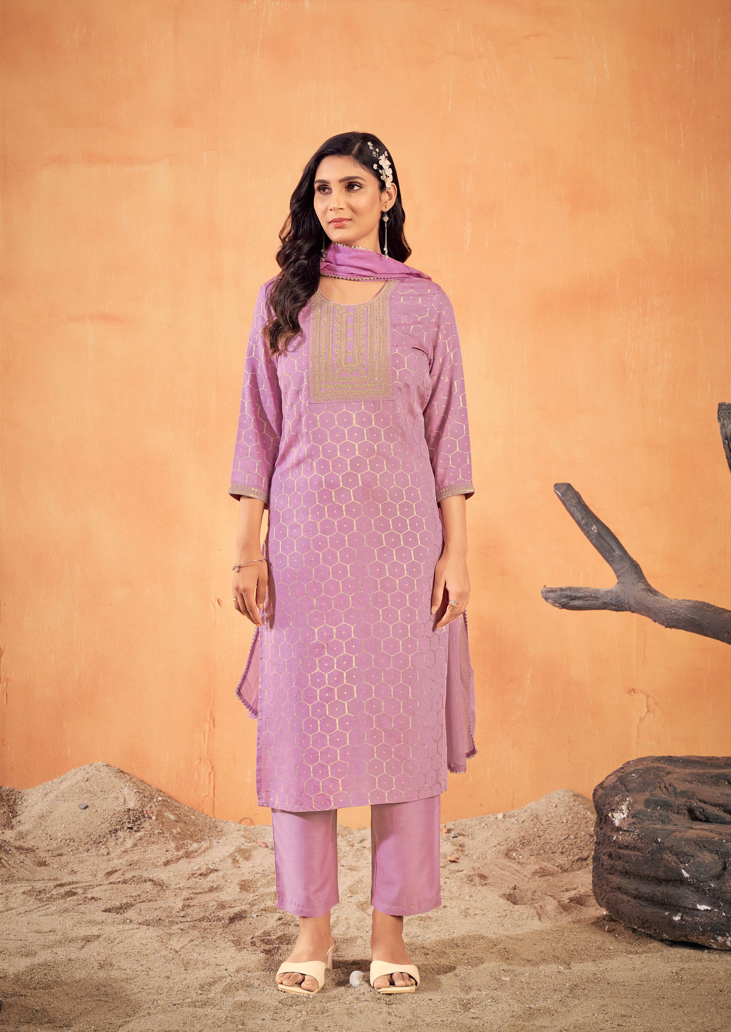 Laxmipati Falak Geometric Foil Print Straight Kurta Set with Trousers & Dupatta in Purple Color