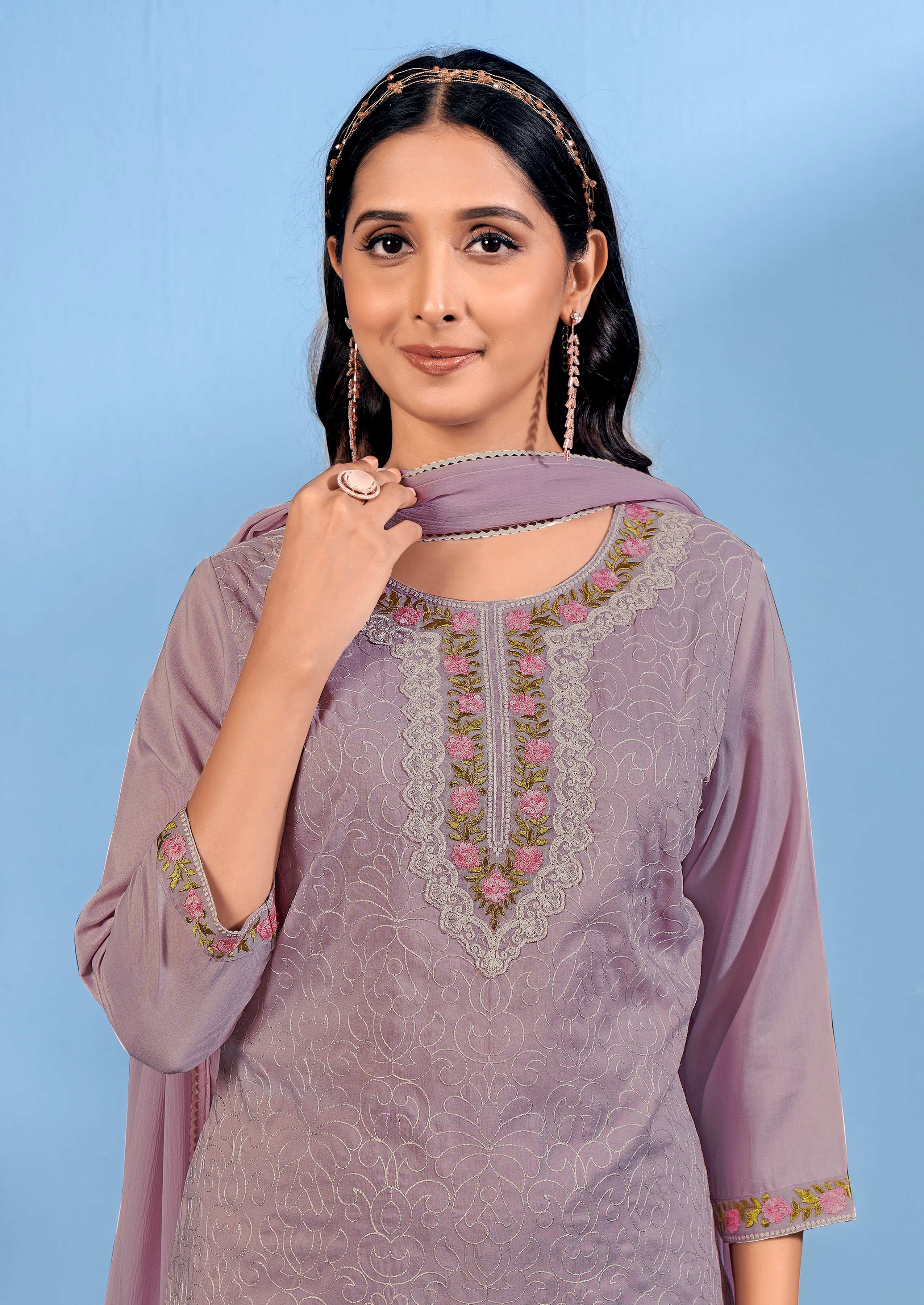 Laxmipati Bubbly Floral Embroidered Muslin Straight Kurta Set with Trousers & Dupatta in Plum Color