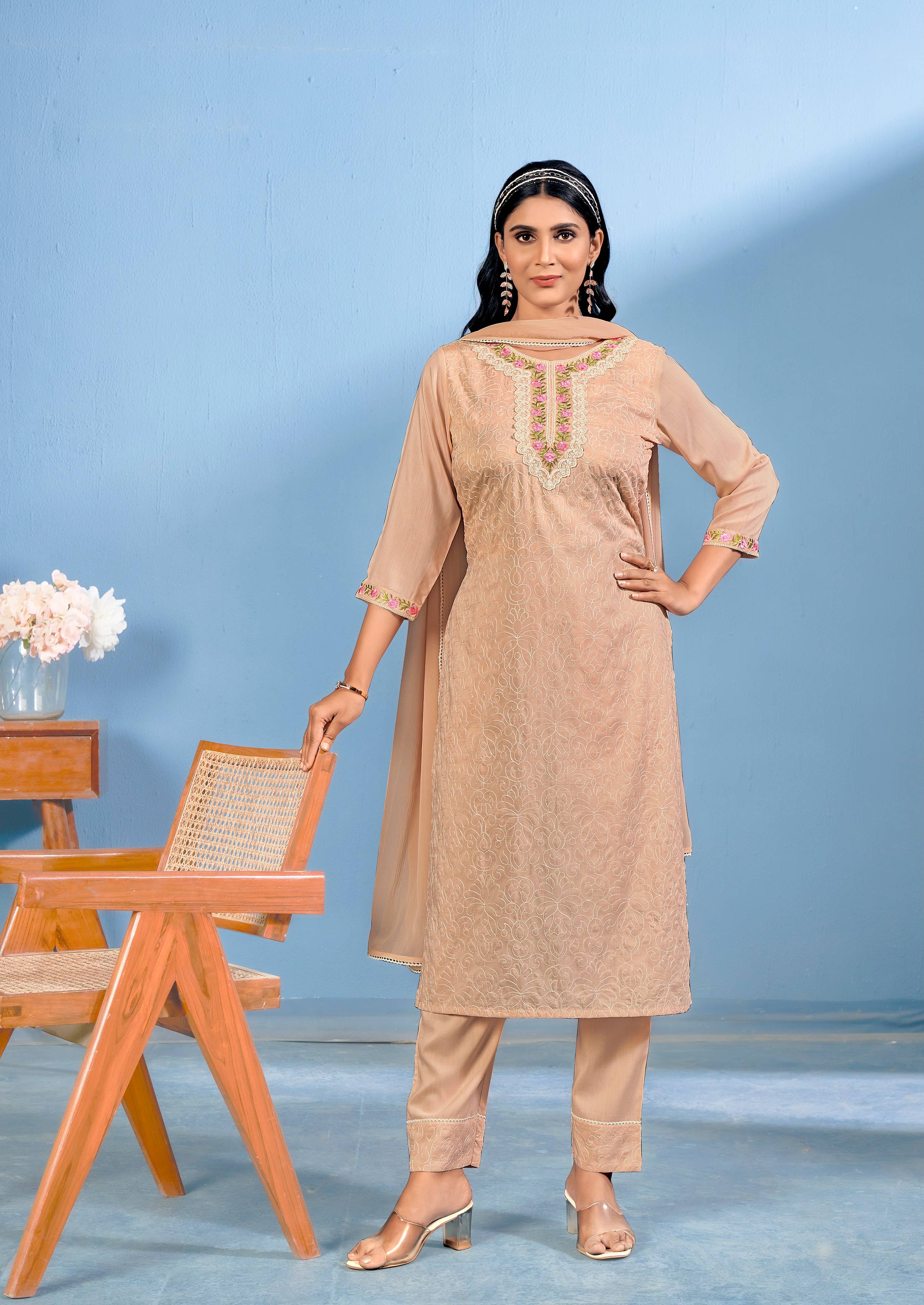 Laxmipati Bubbly Floral Embroidered Muslin Straight Kurta Set with Trousers & Dupatta in Peach Color