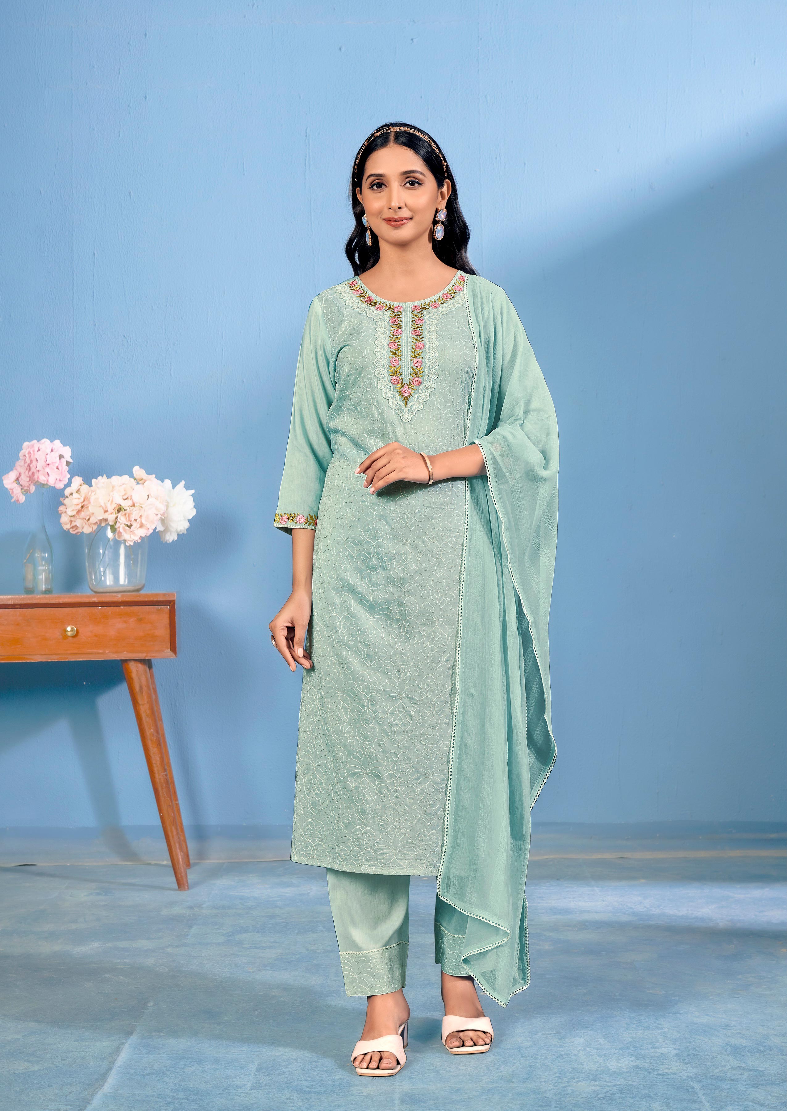Laxmipati Bubbly Floral Embroidered Muslin Straight Kurta Set with Trousers & Dupatta in Pastel Teal Green Color