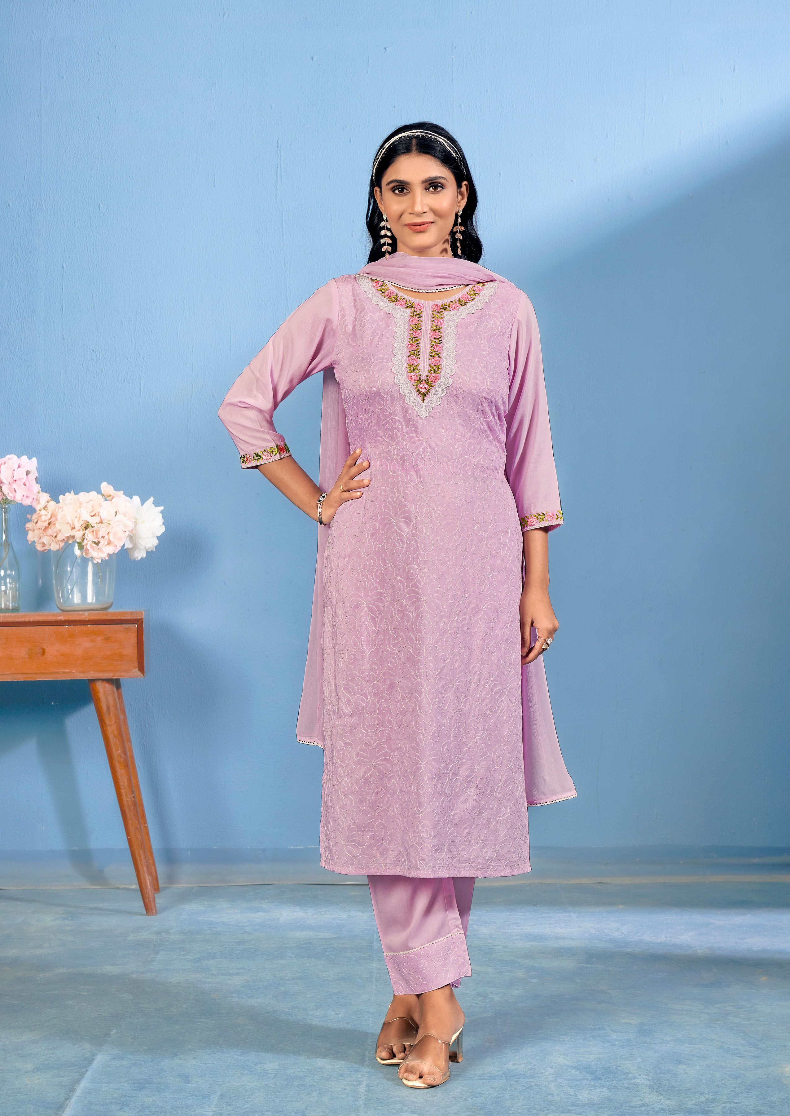 Laxmipati Bubbly Floral Embroidered Muslin Straight Kurta Set with Trousers & Dupatta in Lavender Color
