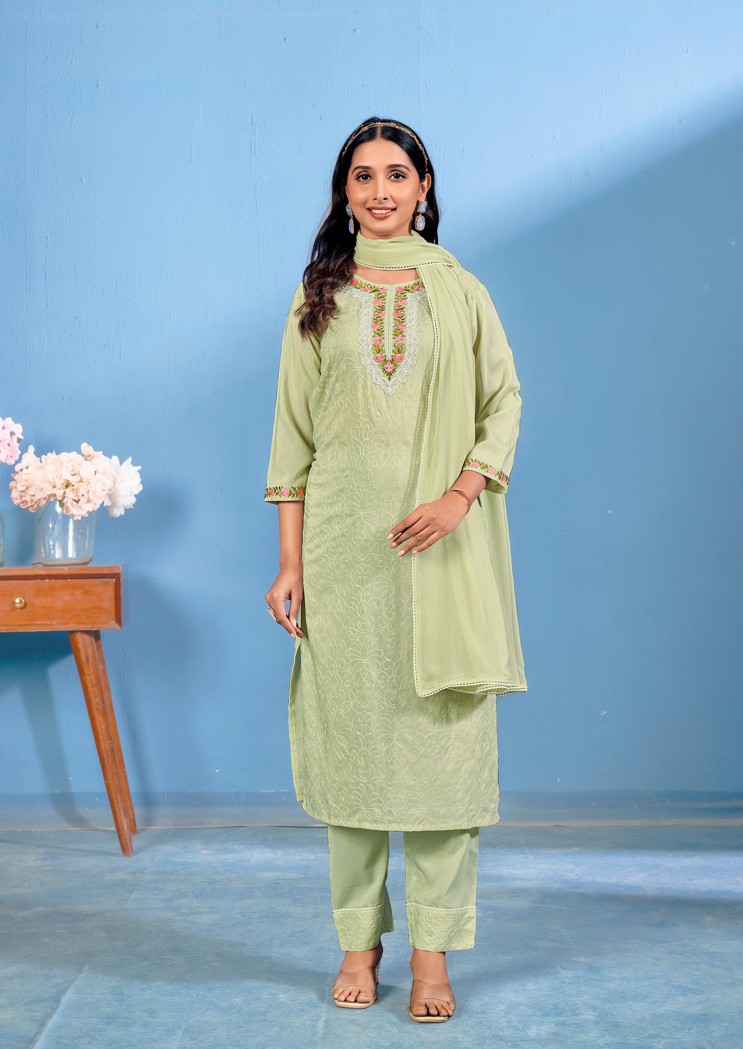Laxmipati Bubbly Floral Embroidered Muslin Straight Kurta Set with Trousers & Dupatta in Pastel Green Color