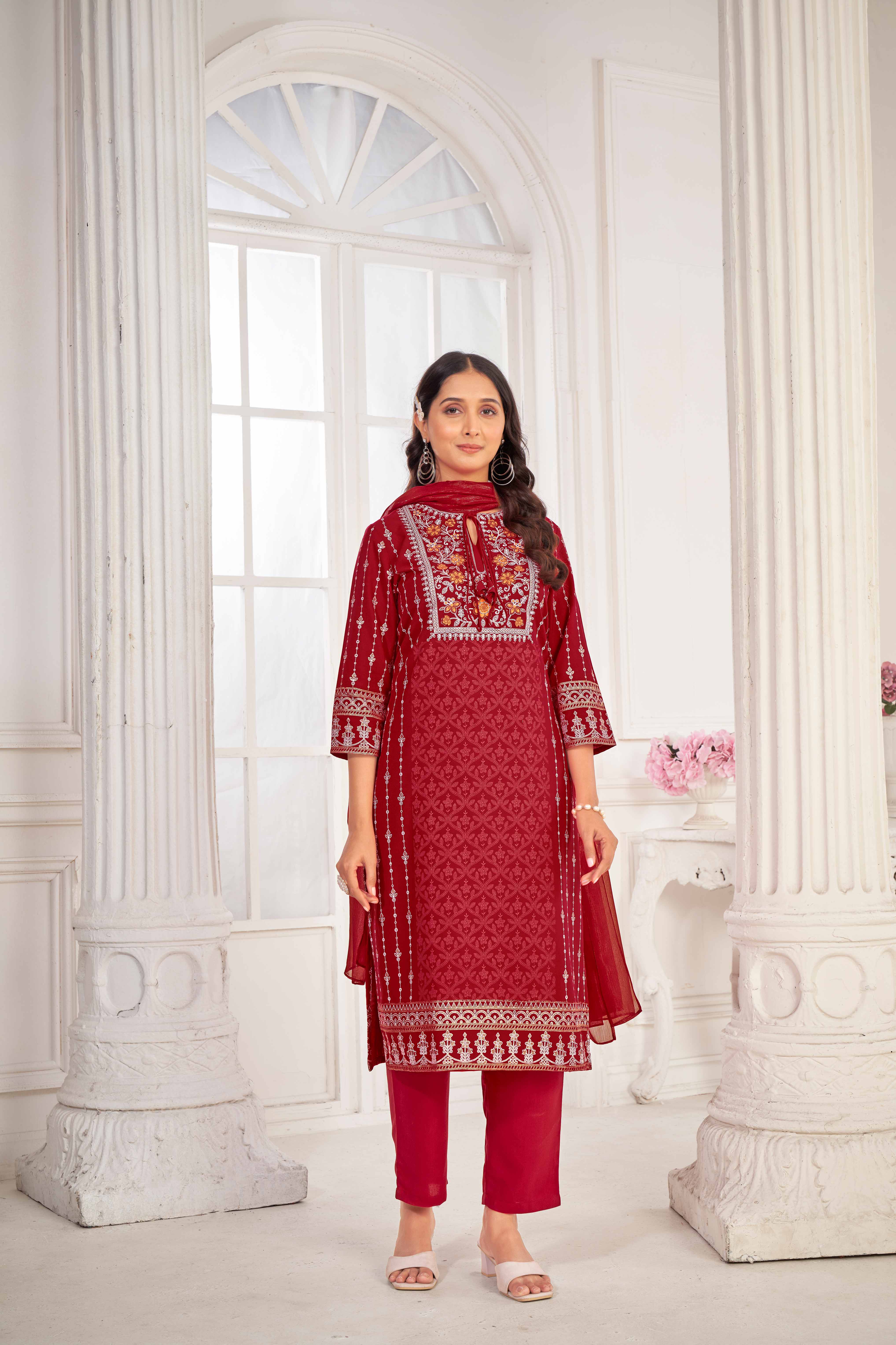 Red Embroidered Straight Kurti with Pant and Dupatta Set - Sunheri
