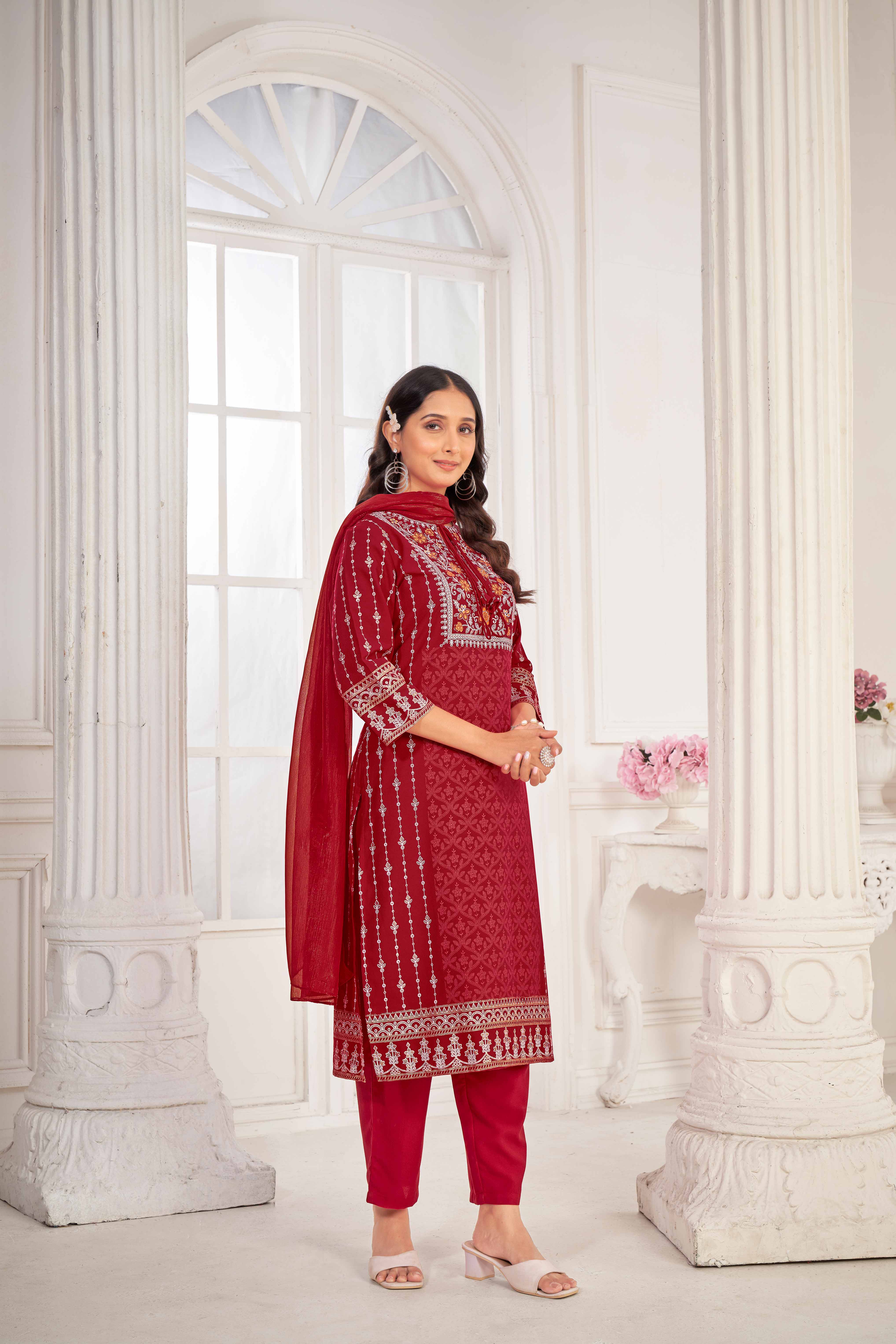 Red Embroidered Straight Kurti with Pant and Dupatta Set - Sunheri