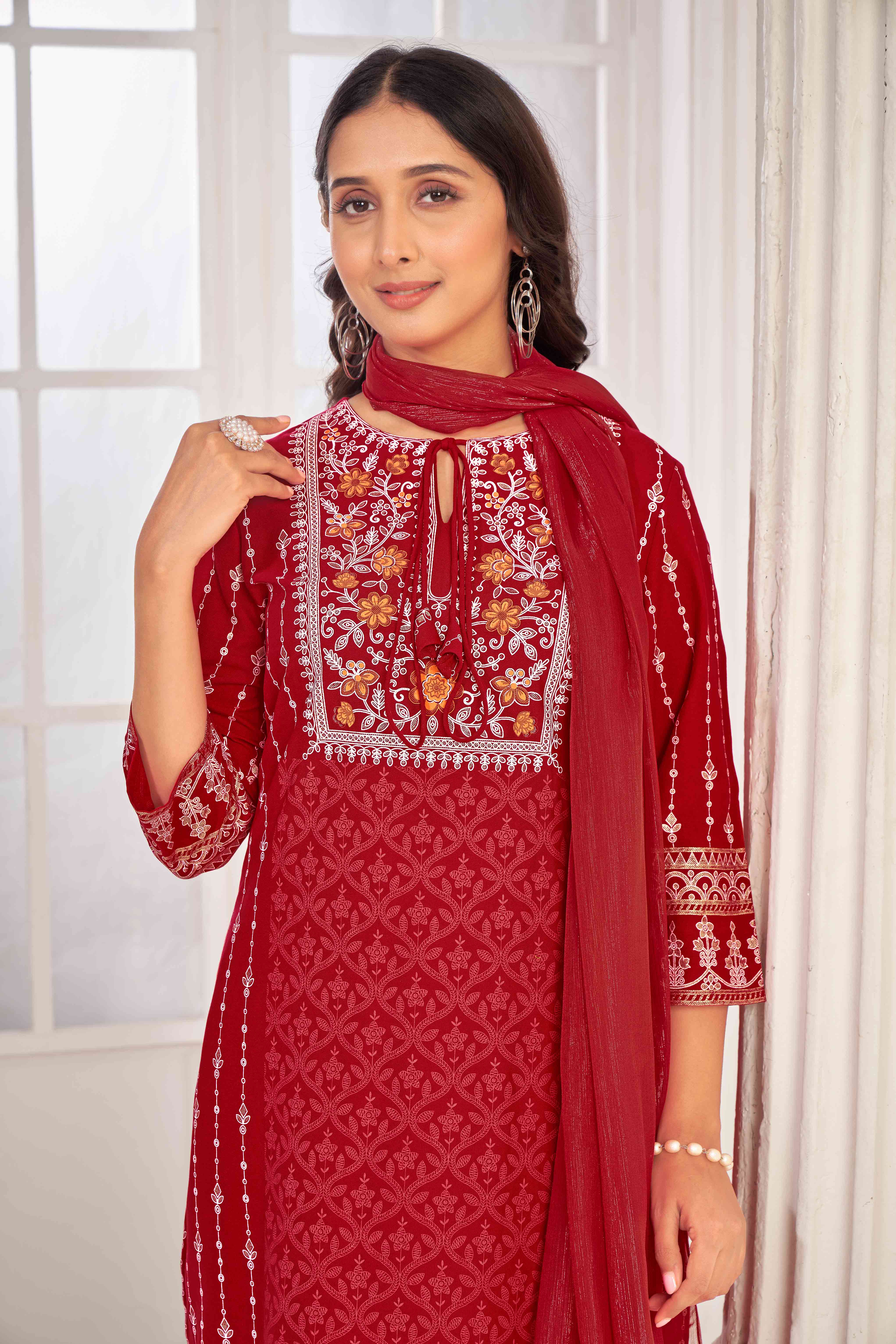 Red Embroidered Straight Kurti with Pant and Dupatta Set - Sunheri