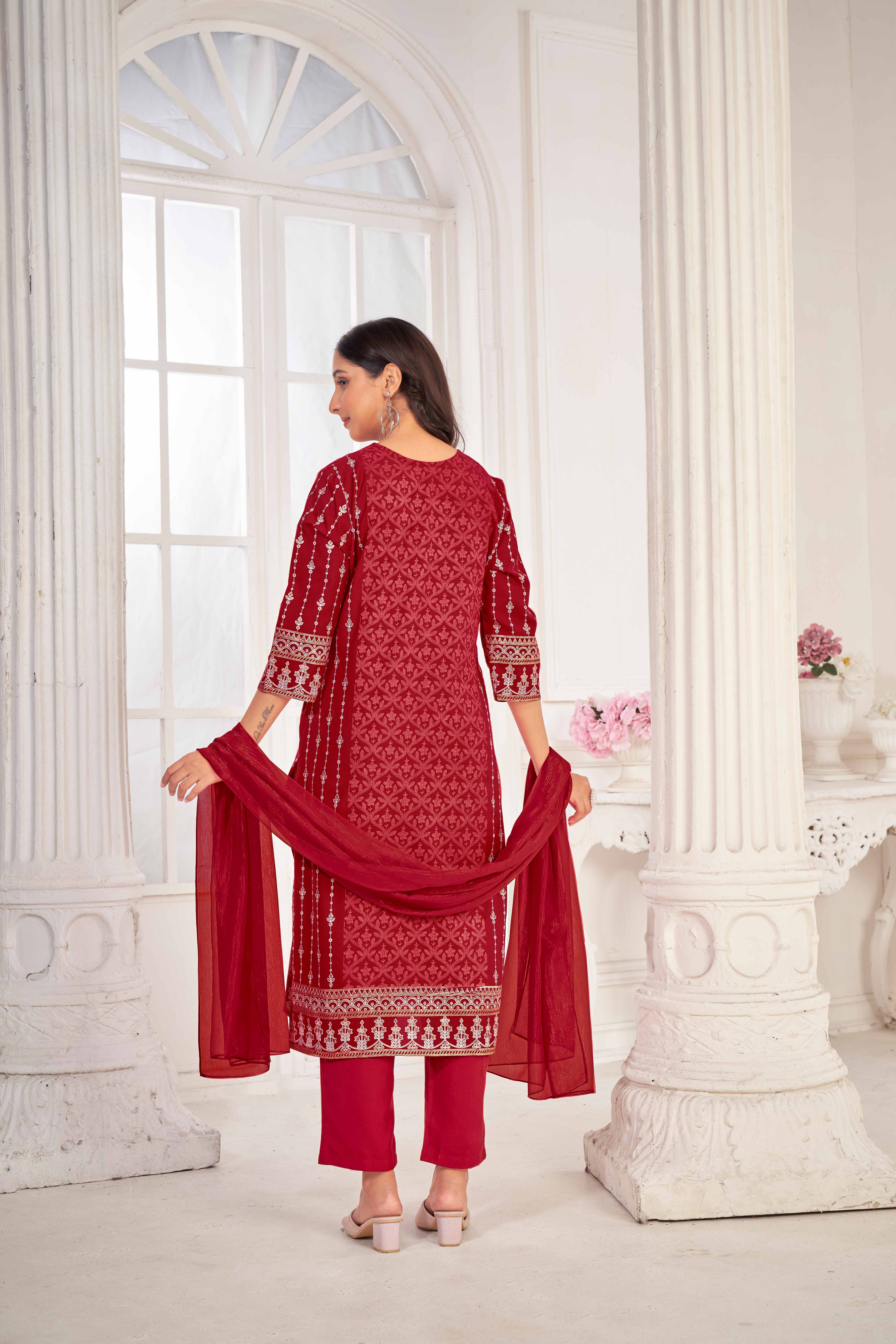 Red Embroidered Straight Kurti with Pant and Dupatta Set - Sunheri
