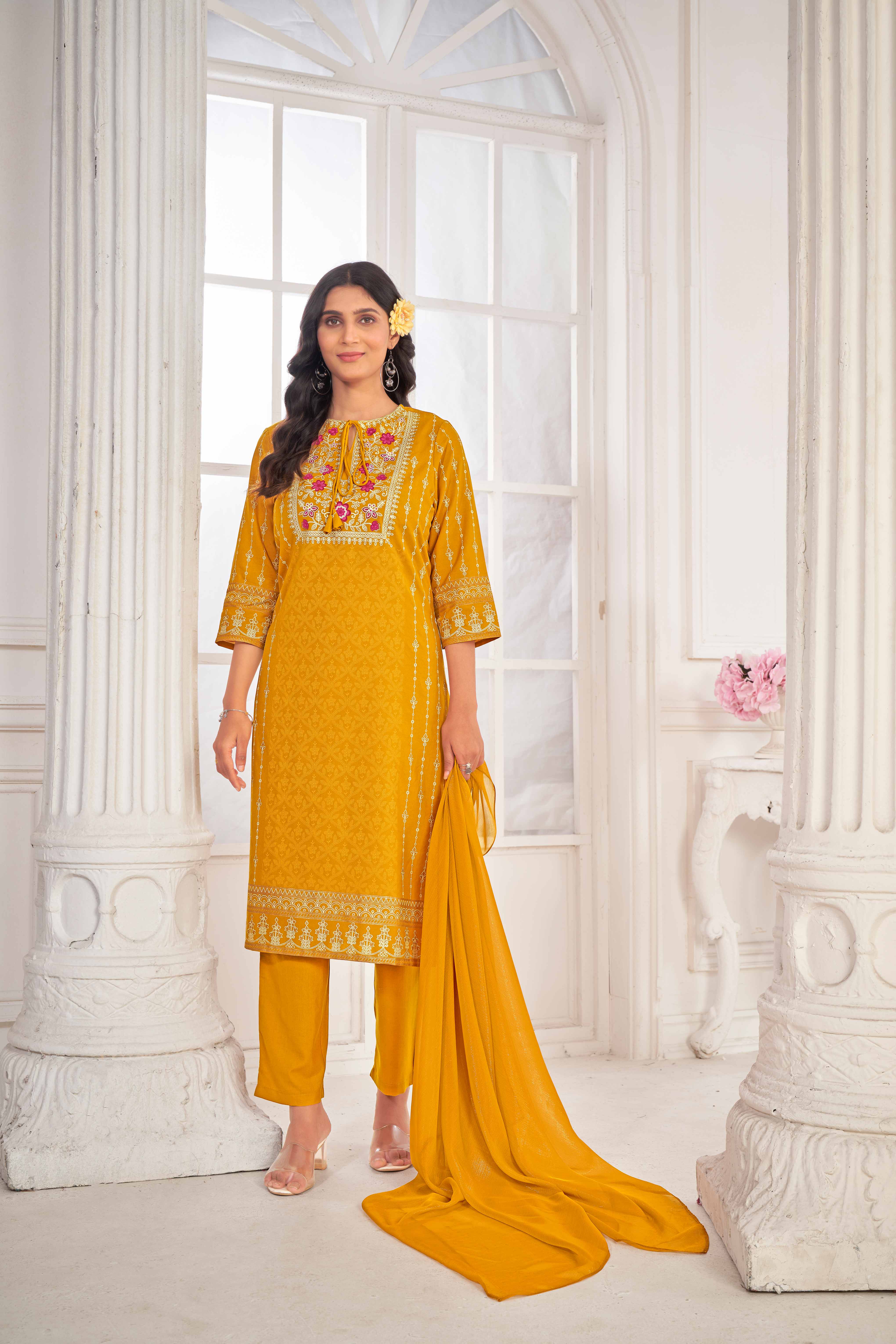 Yellow Embroidered Straight Kurti with Pant and Dupatta Set - Sunheri