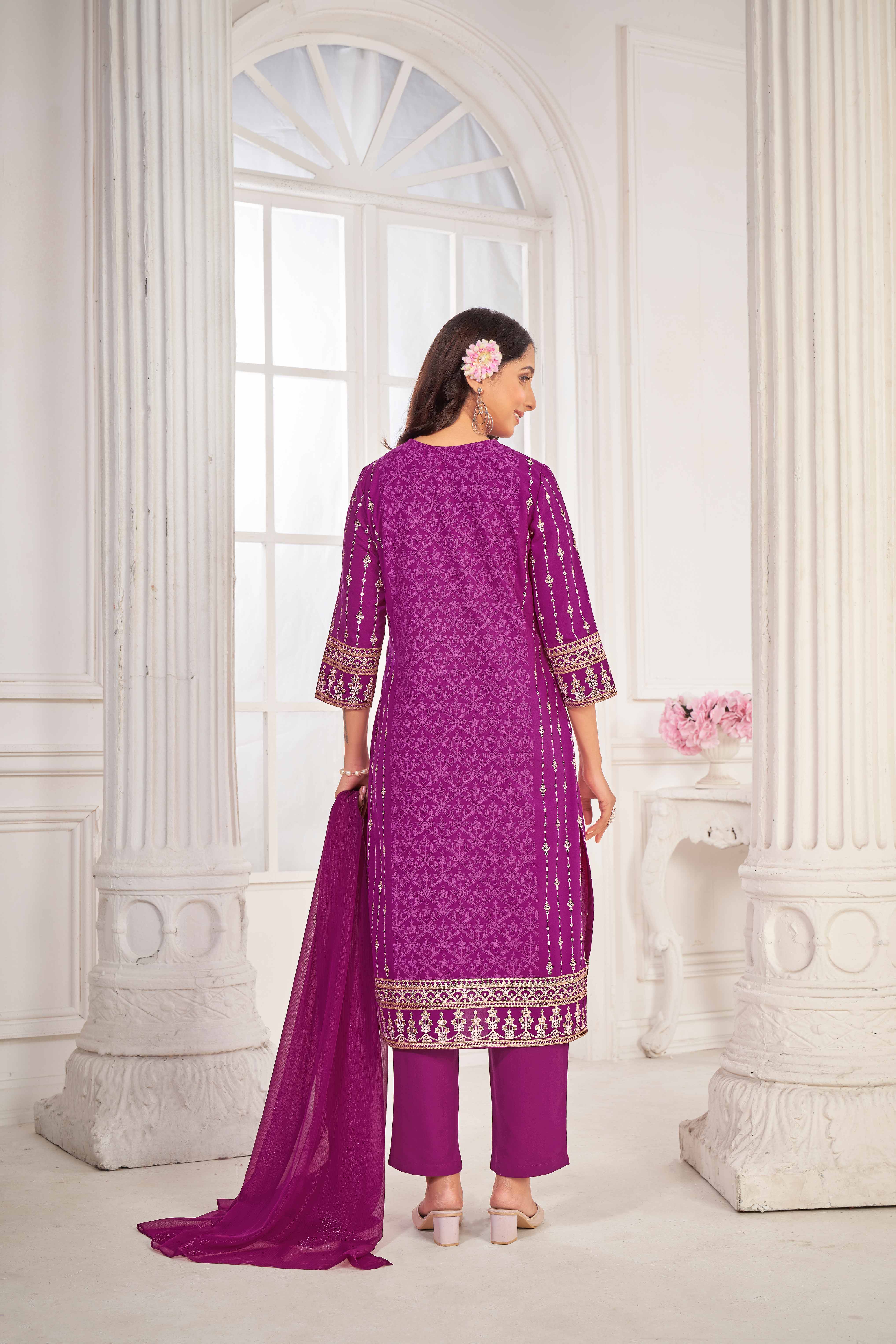 Purple Embroidered Straight Kurti with Pant and Dupatta Set - Sunheri