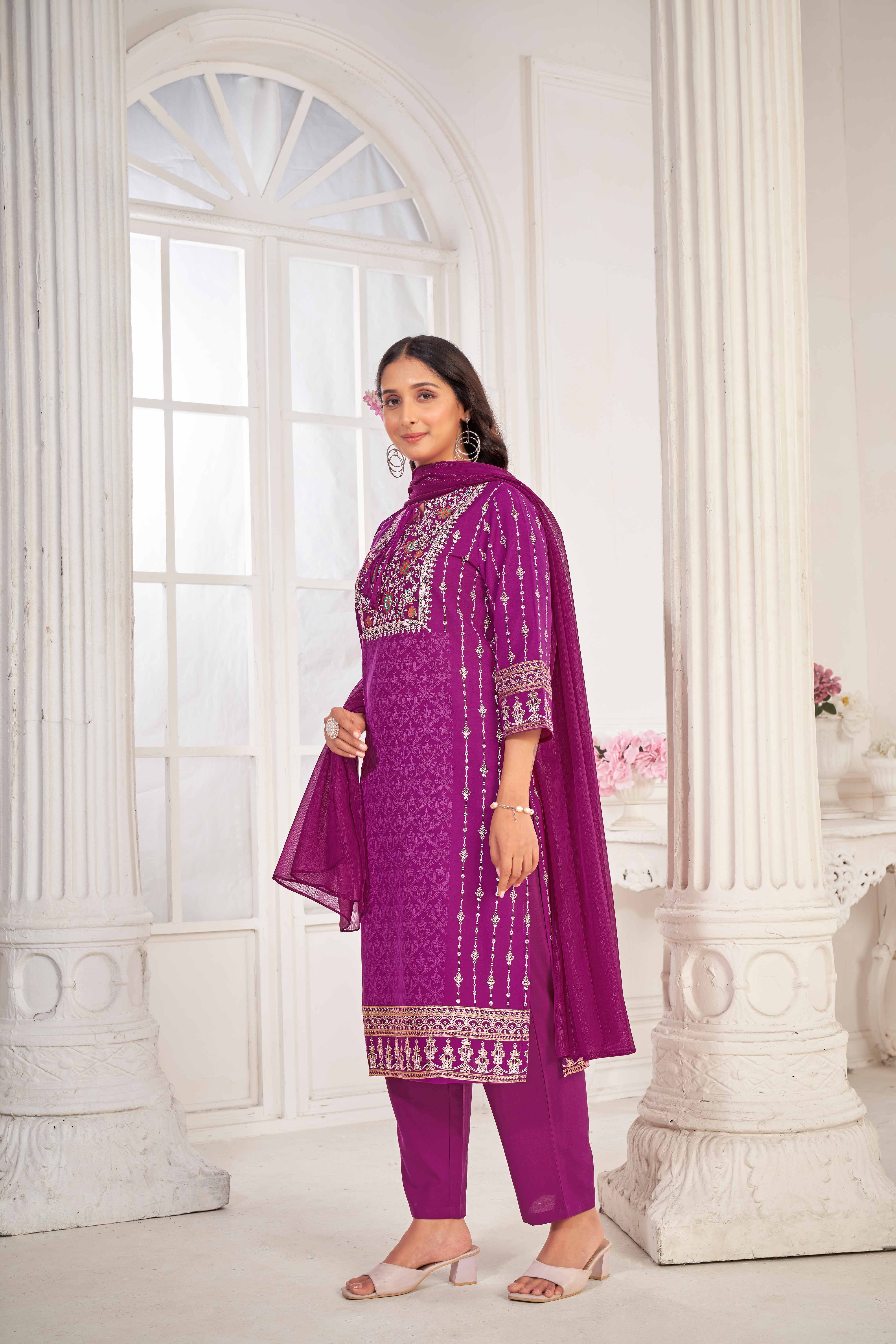 Purple Embroidered Straight Kurti with Pant and Dupatta Set - Sunheri